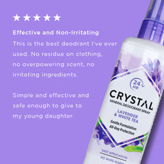 Purple advertisement featuring Crystal lavender and white tea deodorant bottle tilted to the right with star rating graphic.