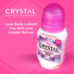 Promotional pink background featuring Crystal mineral-enriched deodorant roll-on with a pink cap