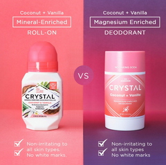 Split screen comparing Crystal Coconut Vanilla Roll-On and Crystal Coconut Vanilla Deodorant with VS in the center
