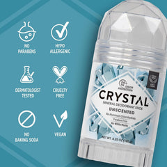 Crystal mineral deodorant roll-on against teal background with icons for no parabens hypoallergenic cruelty free and vegan.