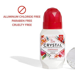 Crystal roll-on deodorant with red cap and pomegranate label, highlighting aluminum chloride free paraben-free cruelty free.