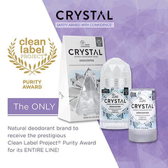 Crystal mineral deodorant products with purity award on a purple geometric background