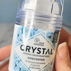 Close-up of Crystal mineral deodorant stick unscented with a geometric label.