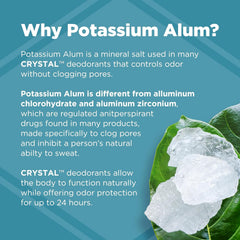 Crystal deodorant bottle on a blue background with ice crystals and a potassium alum infographic style graphic.