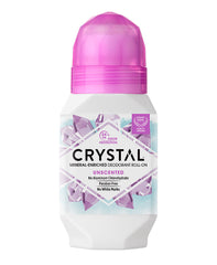 Crystal mineral deodorant roll-on with pink cap against a white background.