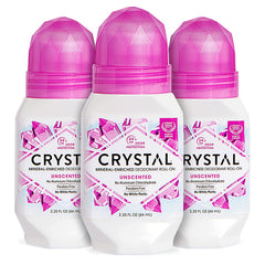 Three Crystal unscented mineral deodorant roll ons with pink caps