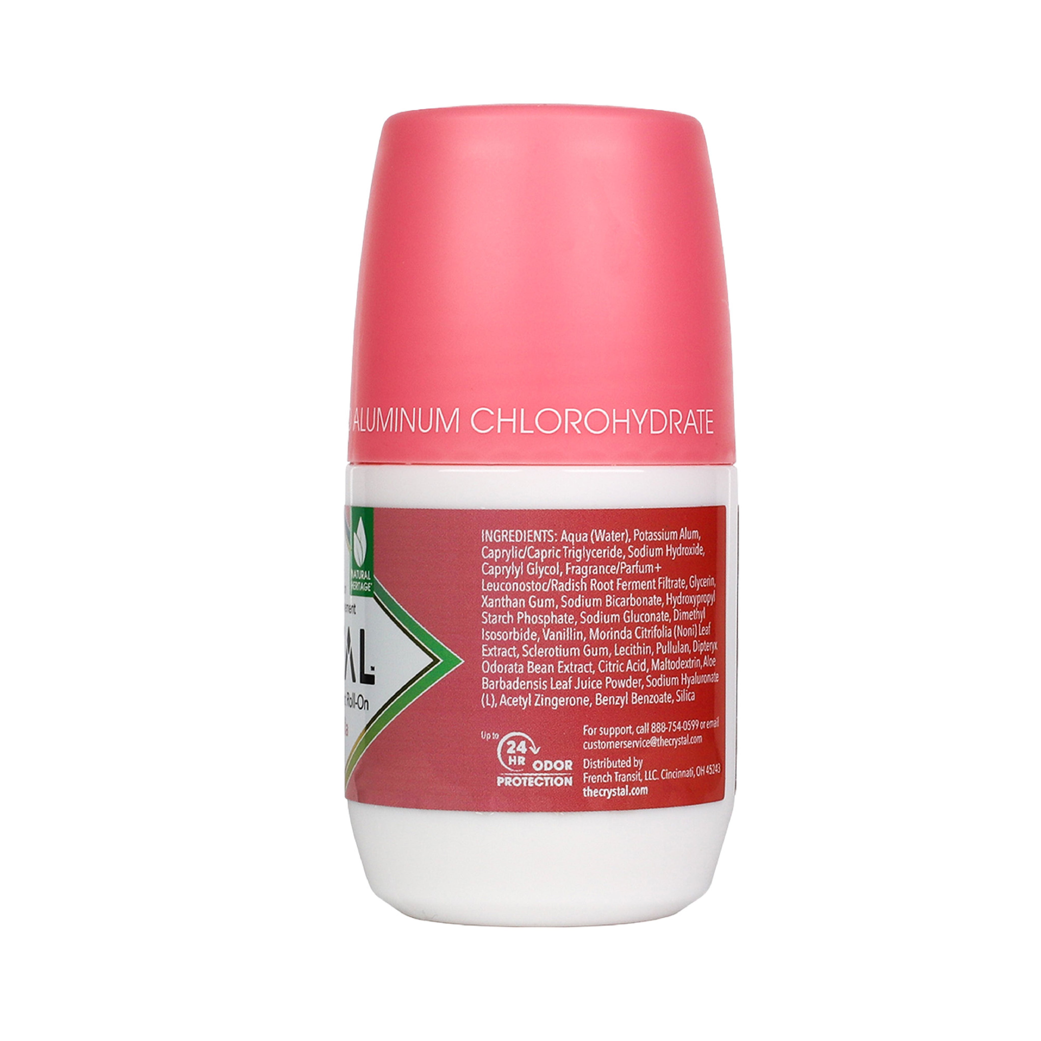 Roll-on deodorant with pink cap and white body on a white background with ingredient details.
