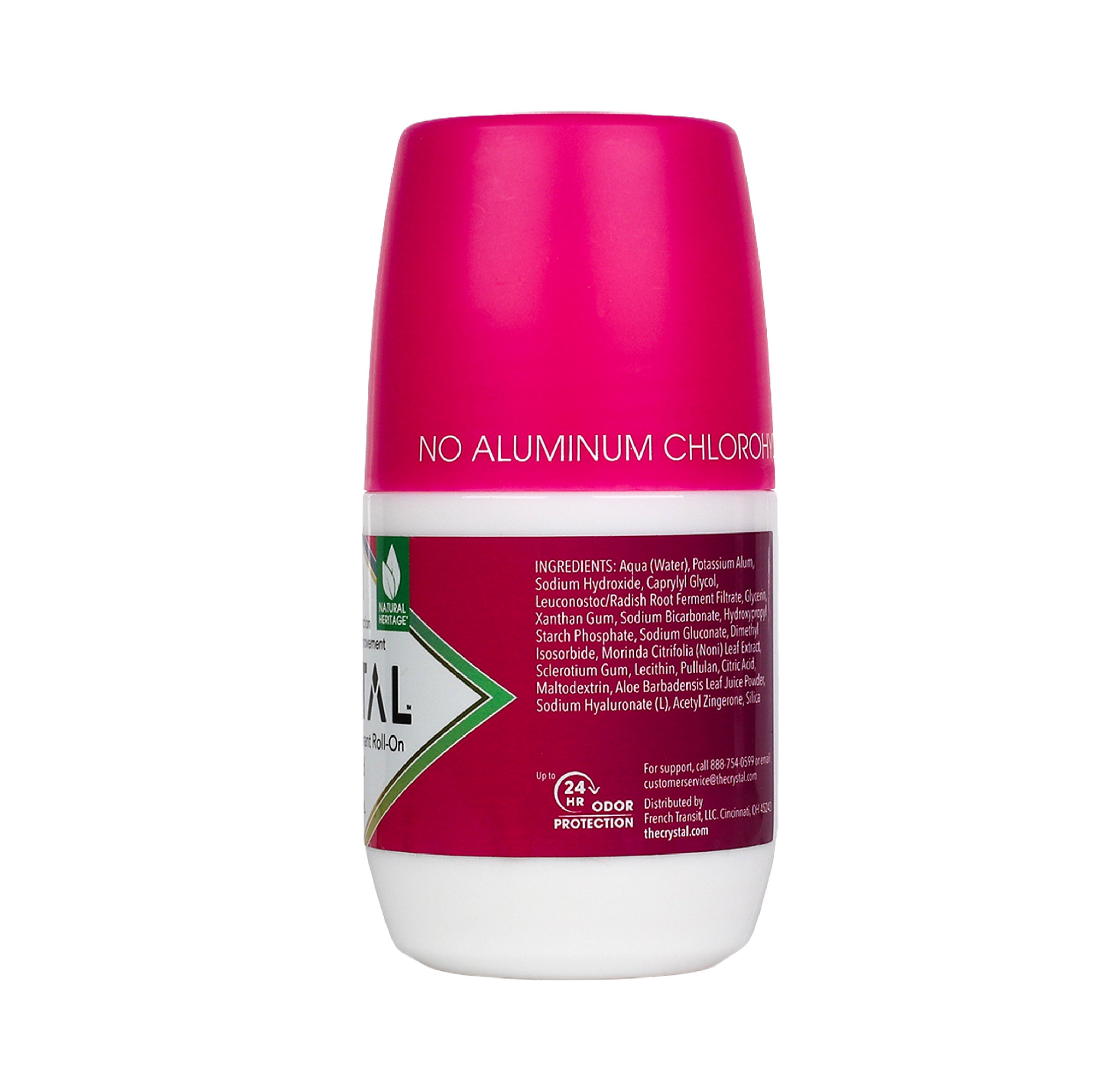 Deodorant bottle with pink cap and white body on a white background with ingredients.