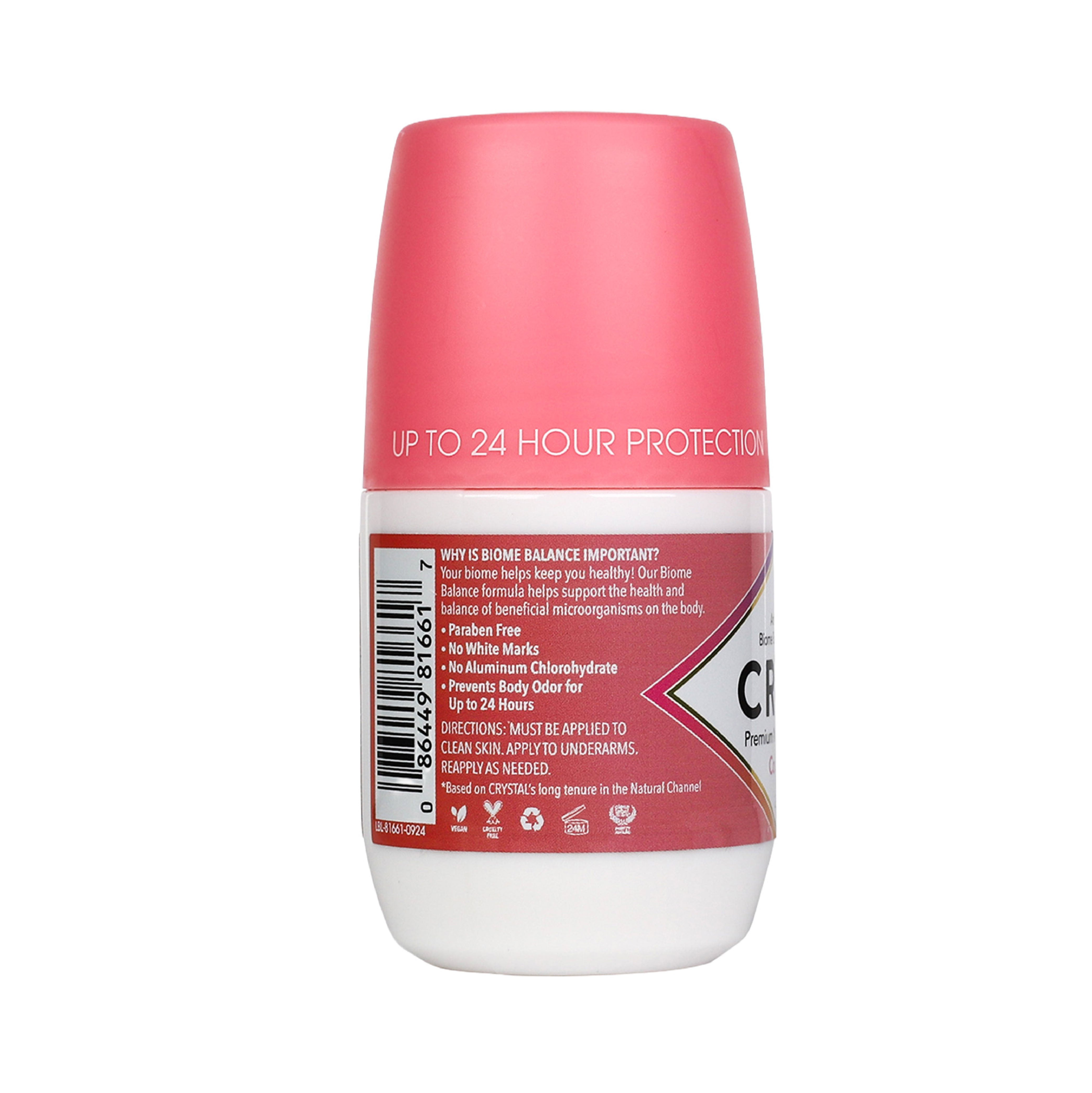 Deodorant bottle with pink cap and label on a white background with benefits and directions.