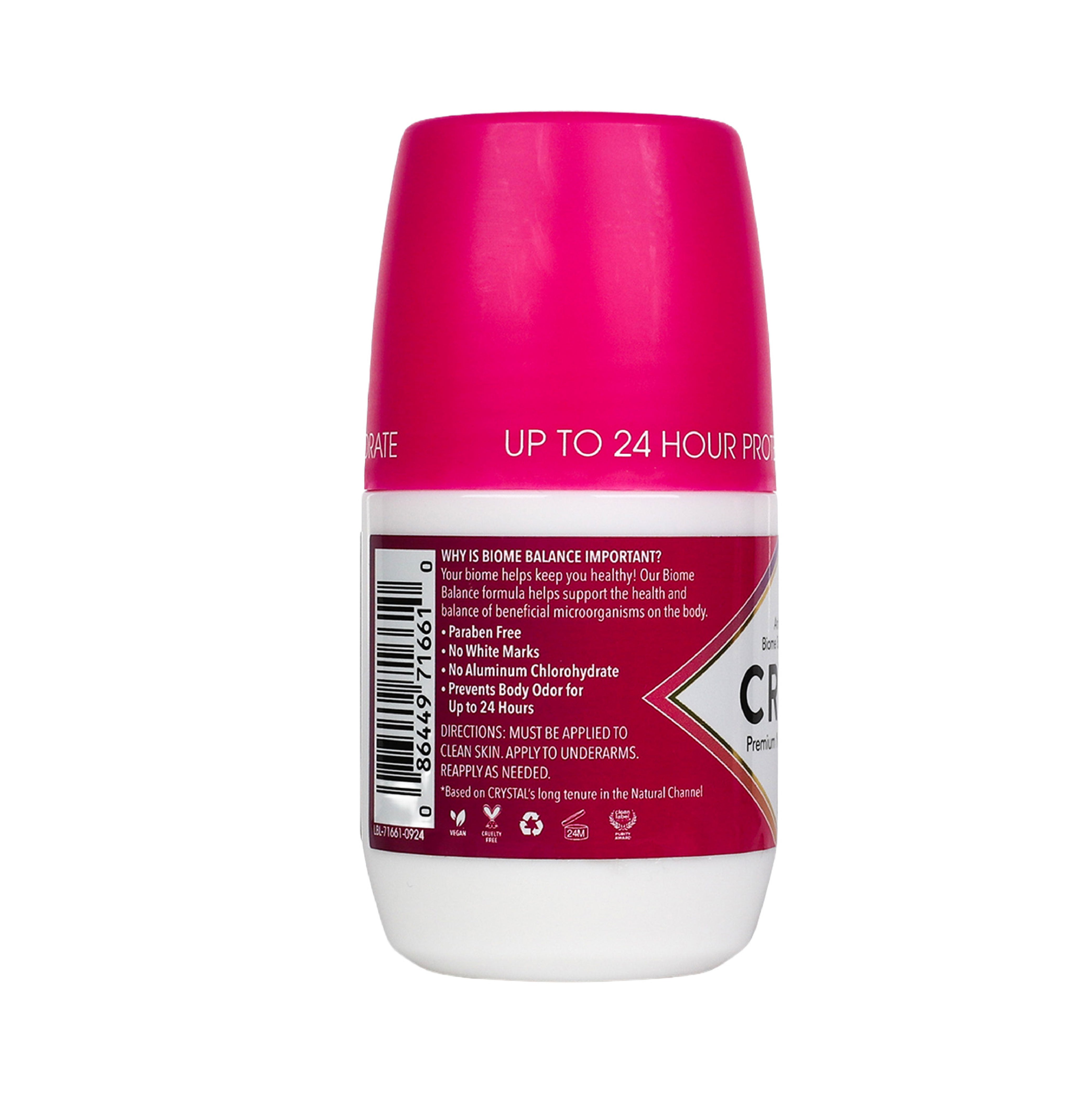 Deodorant roll-on with pink cap and white body on a white background with benefit call outs.