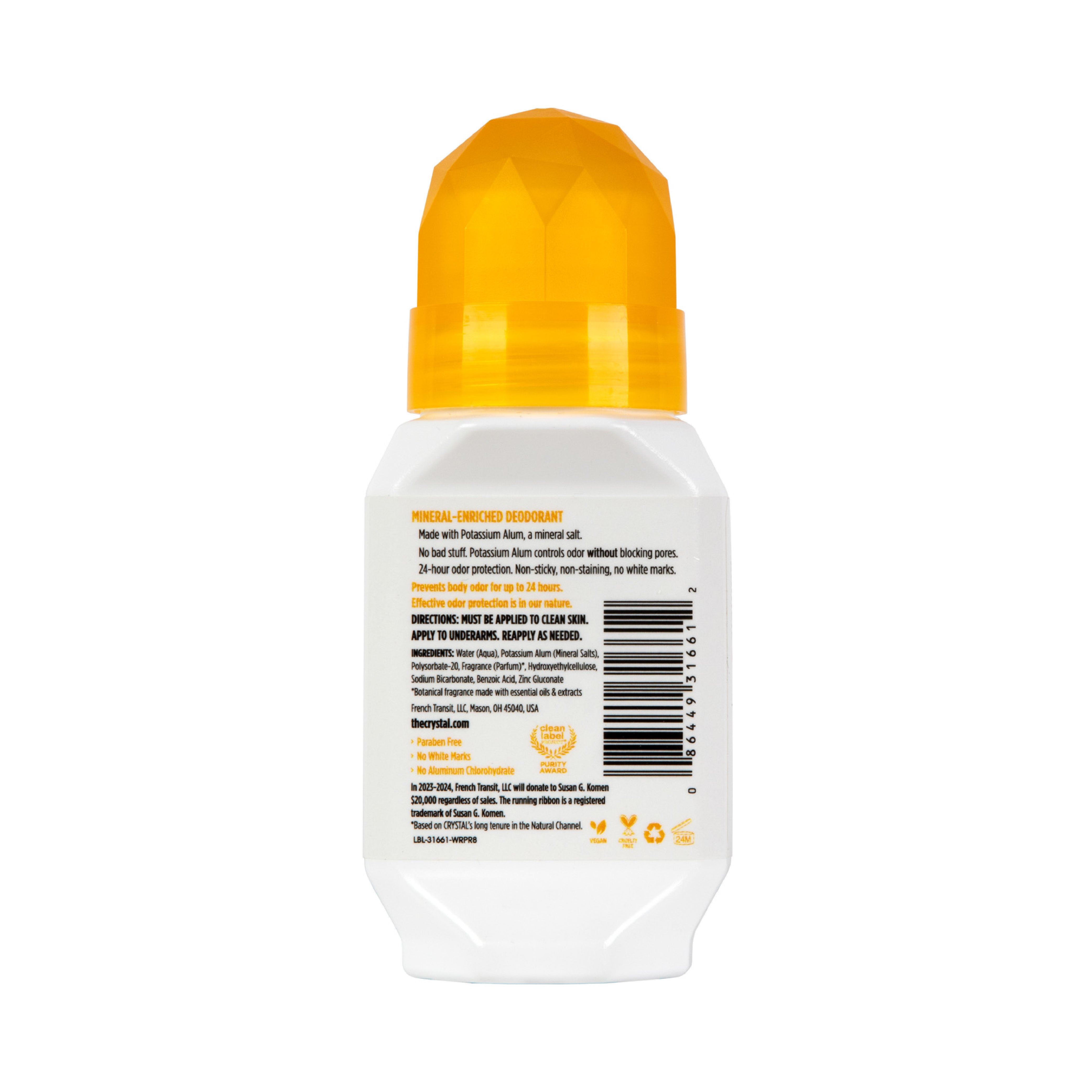 Back view of a white spray bottle with a yellow cap on a white background with ingredient details.