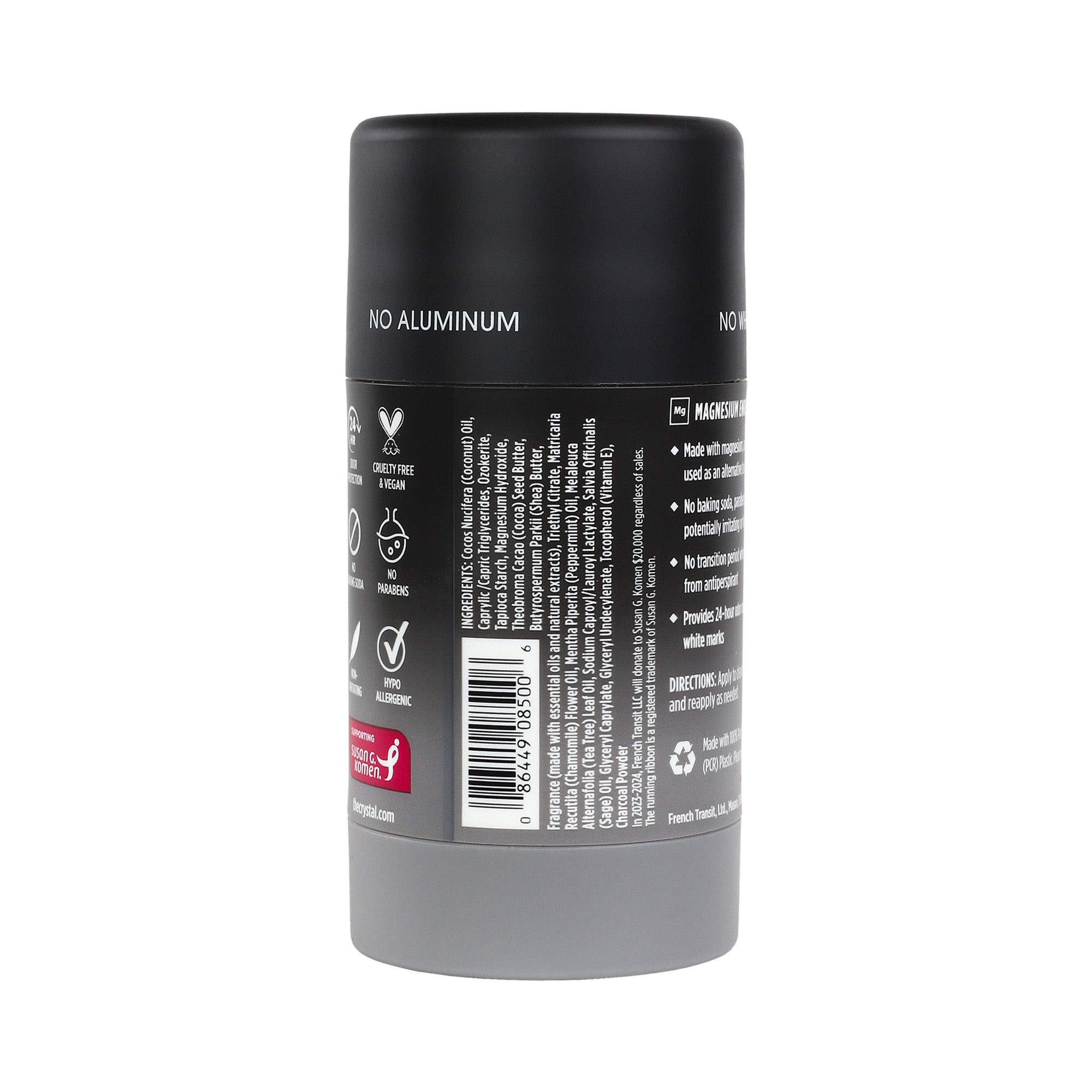 ingredient panel for Crystal Charcoal and Tea Tree Magnesium deodorant on a white background.