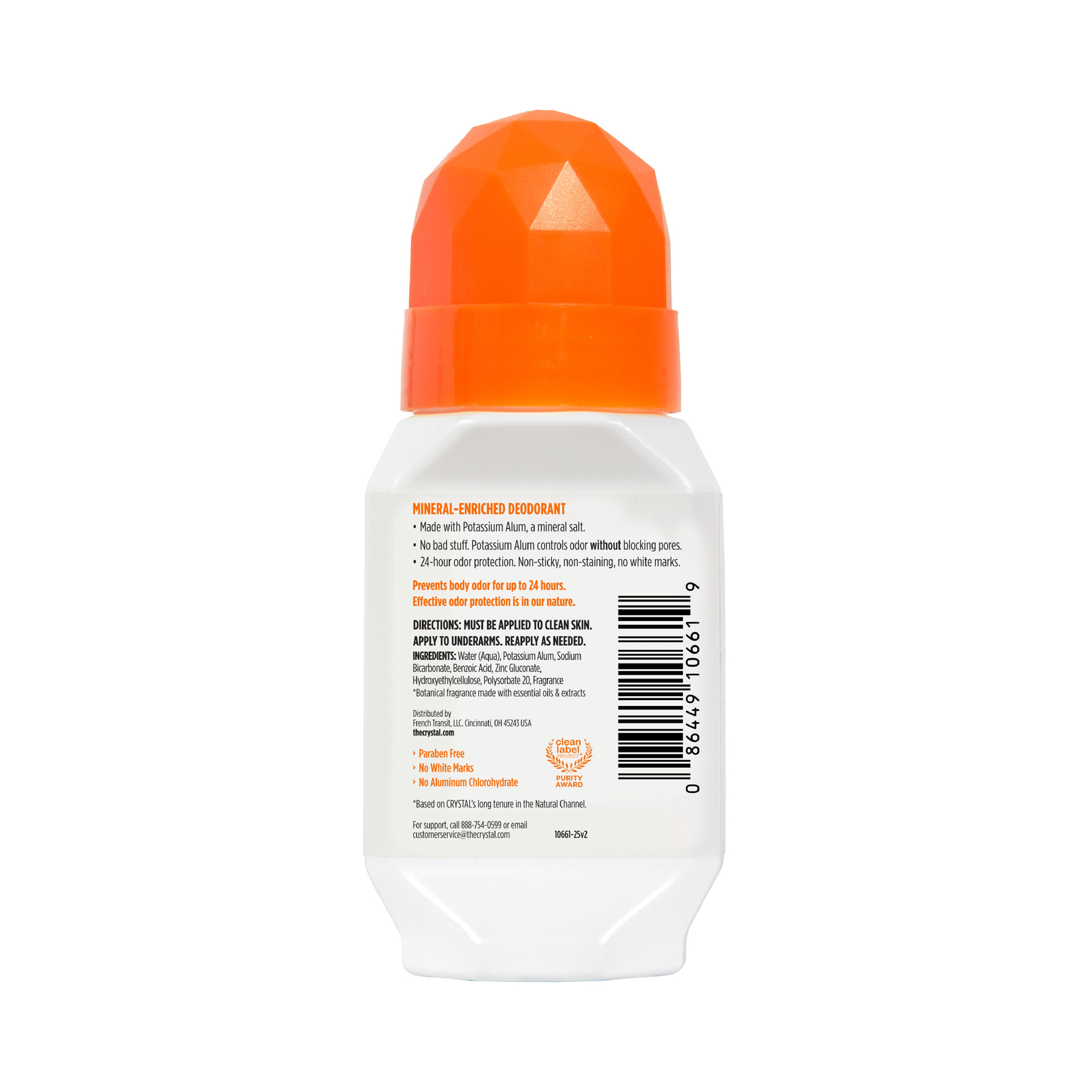 Back view of a deodorant stick with an orange cap on a white background with ingredient details.
