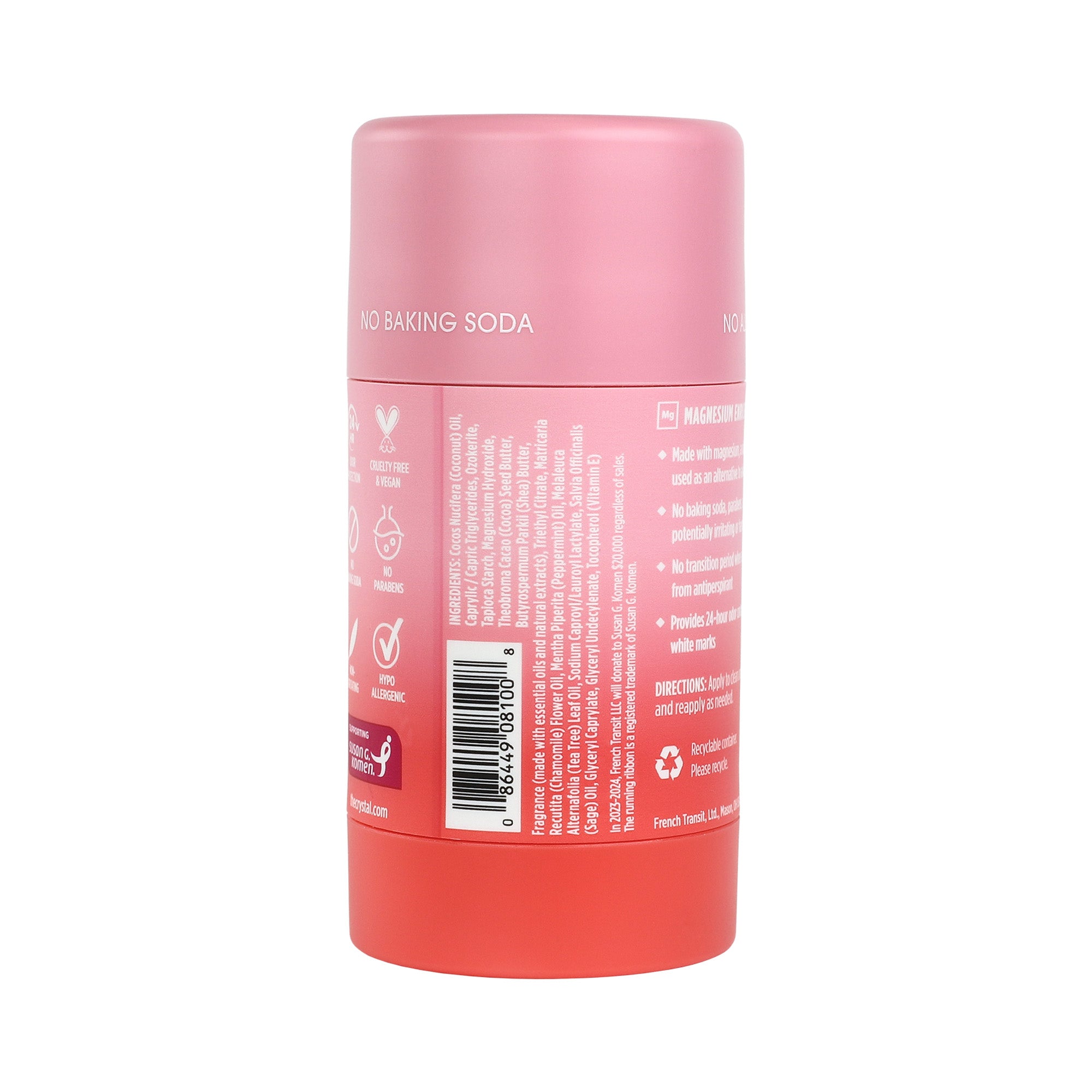 Pink deodorant with ingredient text and a barcode on a white background