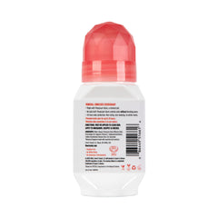 Deodorant roll-on with pink cap on a white background containing ingredient details.