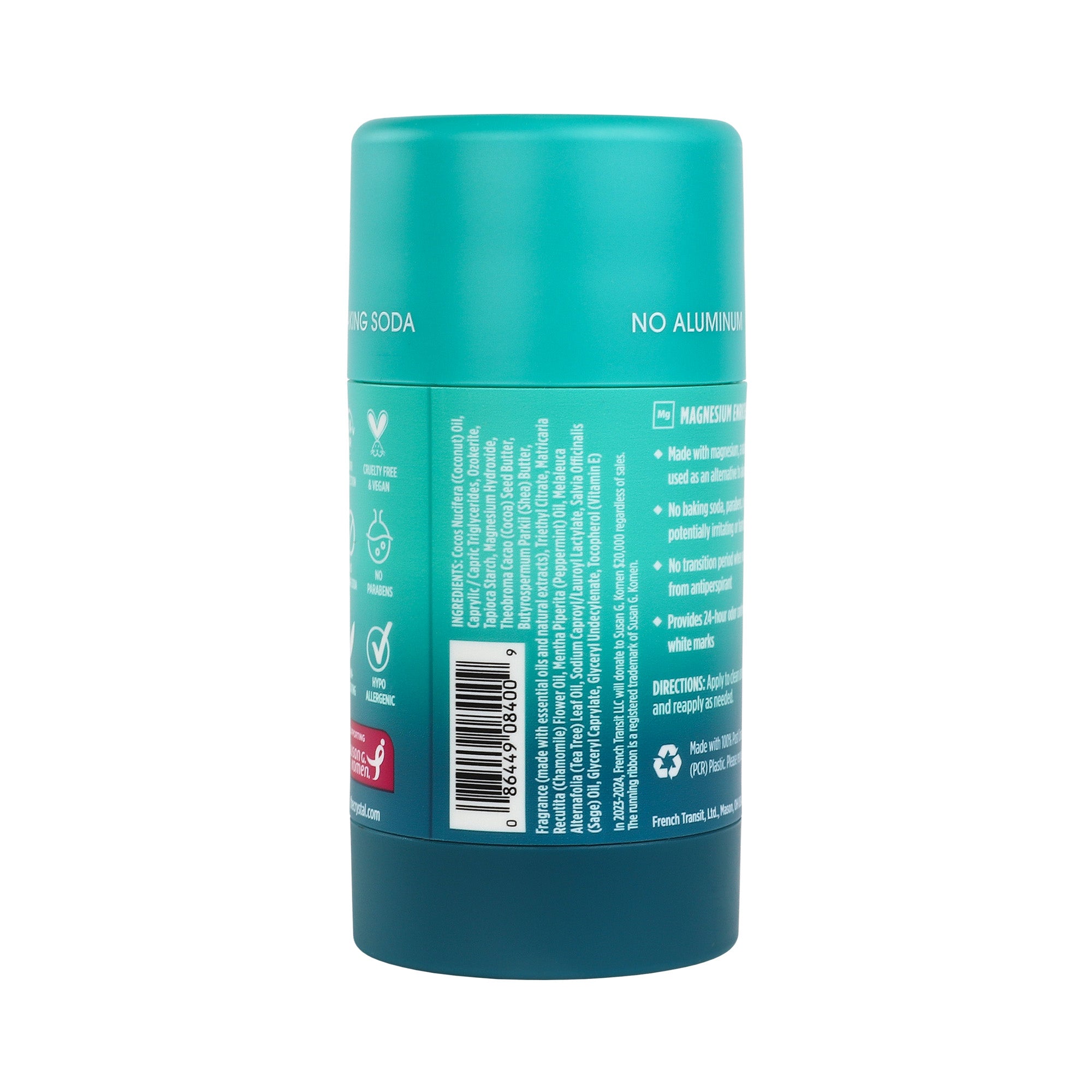 Ingredient panel for Crystal Magnesium Deodorant stick in Cucumber Melon scent.