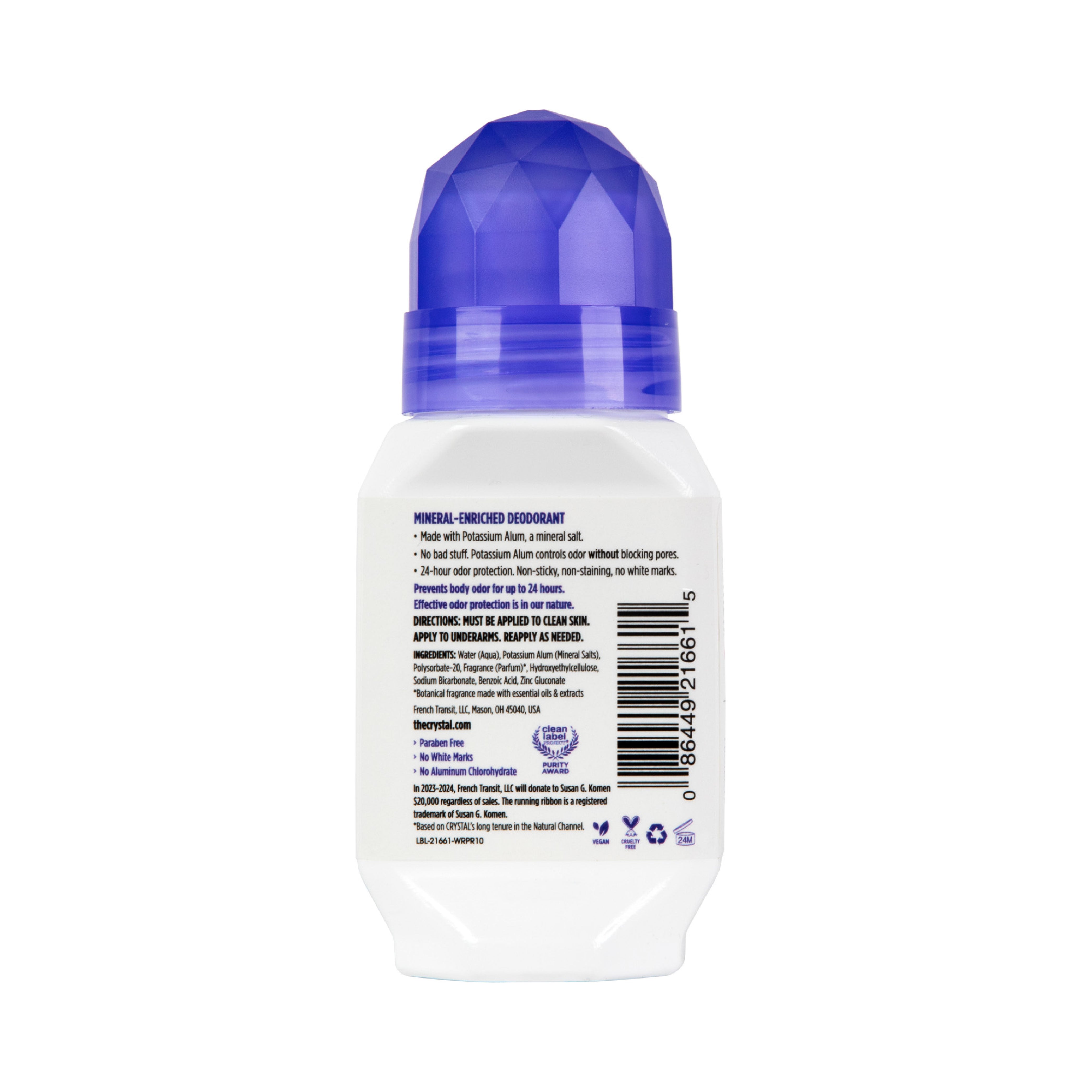 Deodorant roll-on bottle with purple cap and ingredient details on a white background