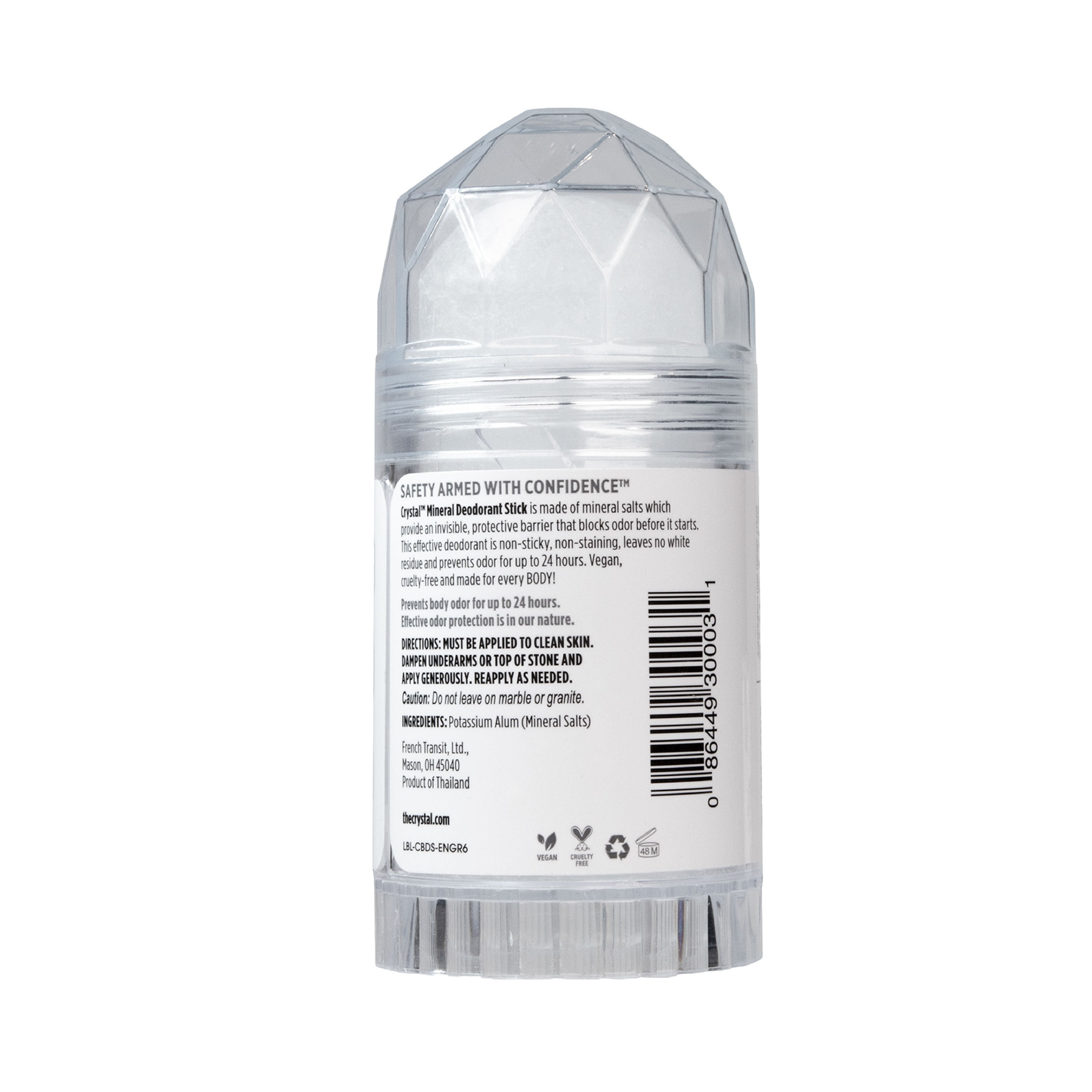 Crystal Mineral Stick back of bottle with directions and ingredients on background.