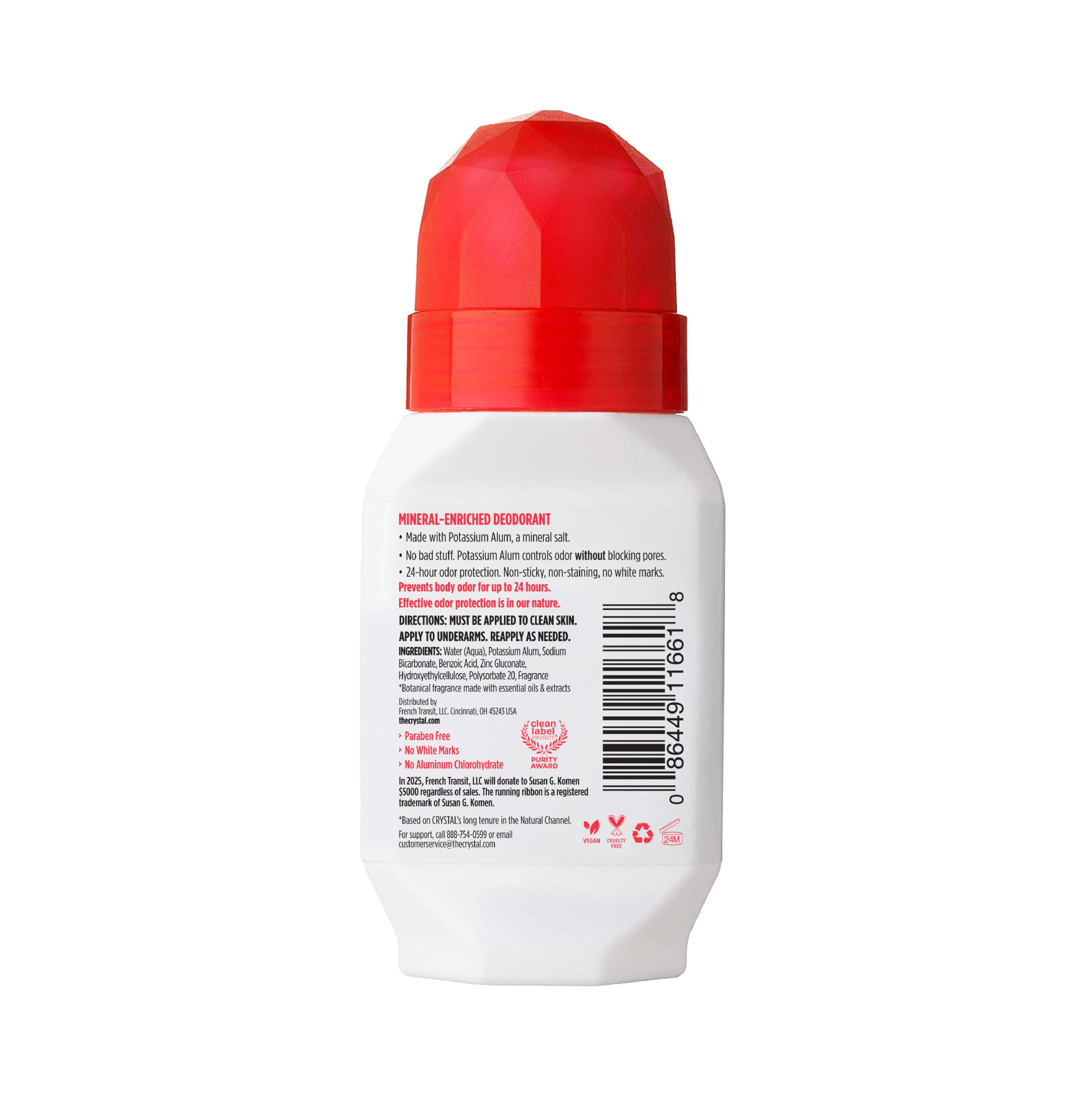 Deodorant bottle with red cap on a white background with ingredient details.