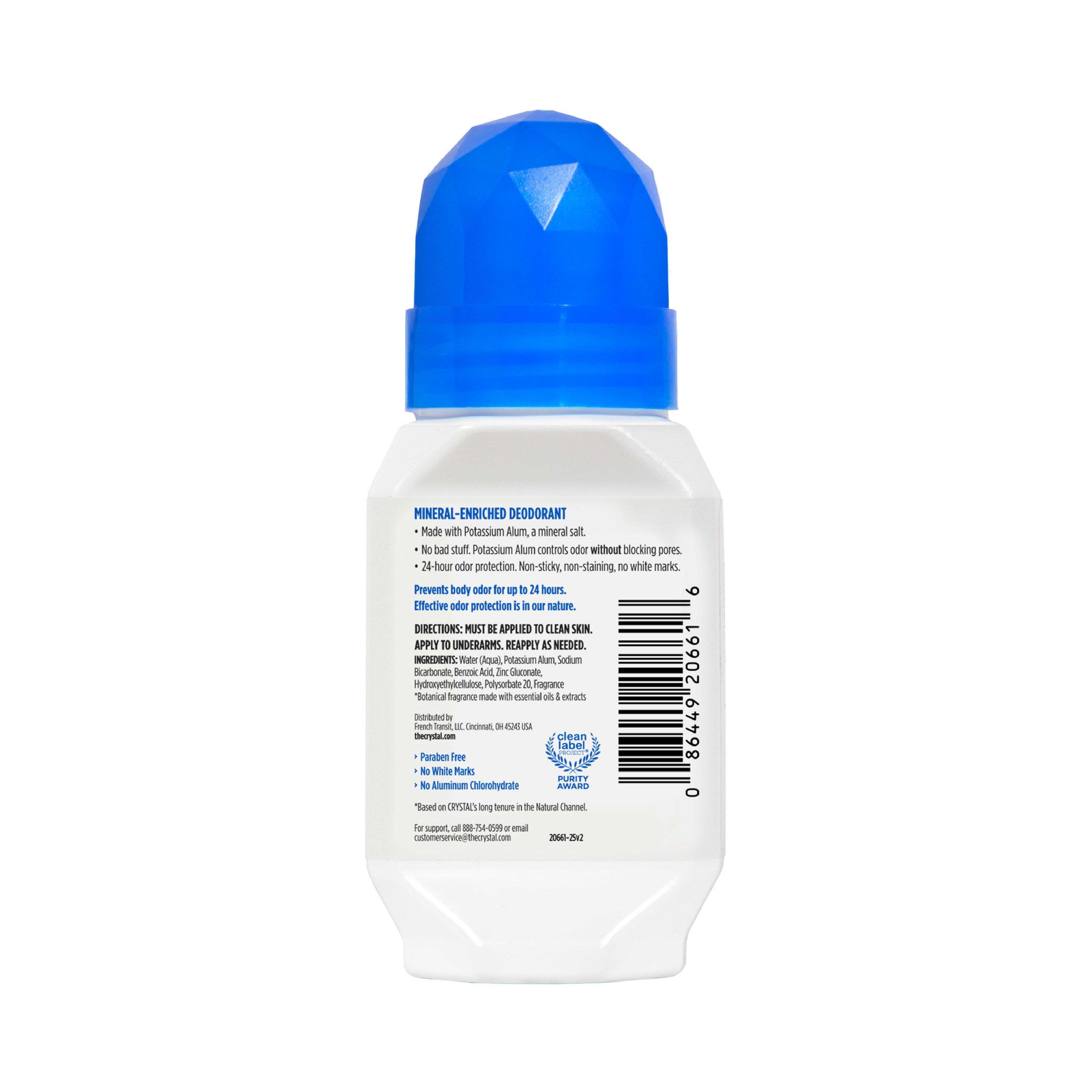 Back view of a deodorant bottle with blue cap on a white background with ingredient details.