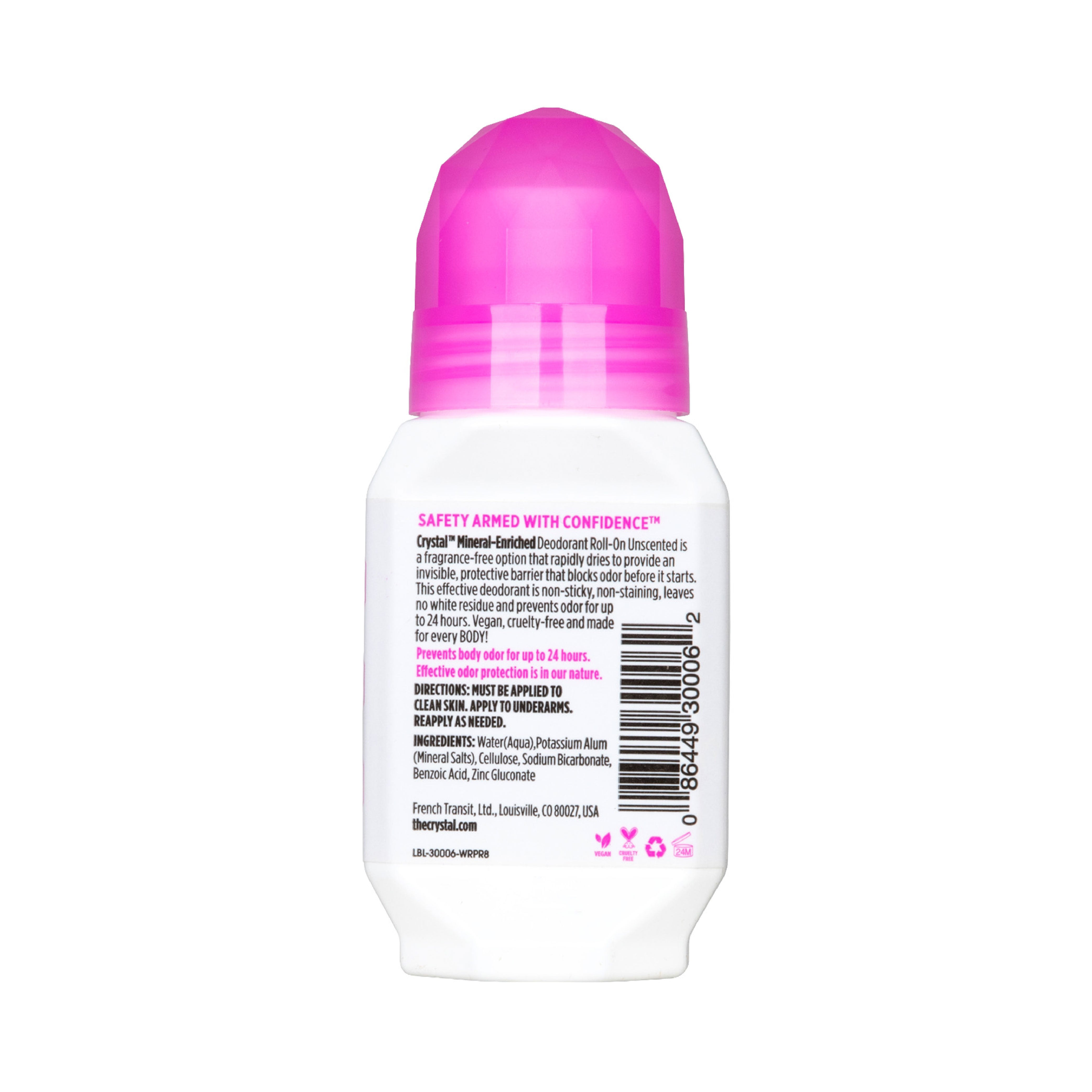 Roll-on deodorant with pink cap on a white background with ingredient details.