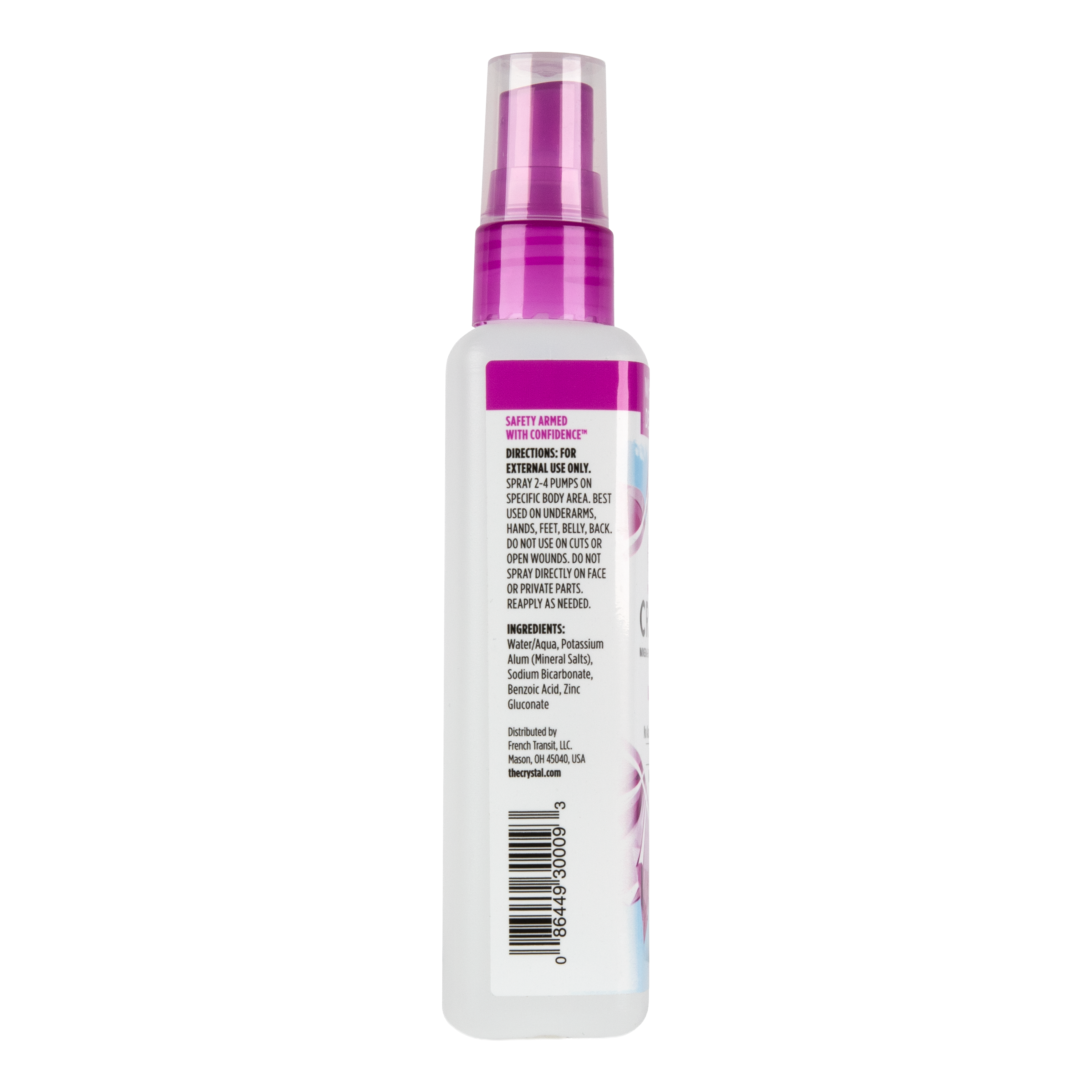 Spray bottle with pink nozzle on a white background with ingredient list.