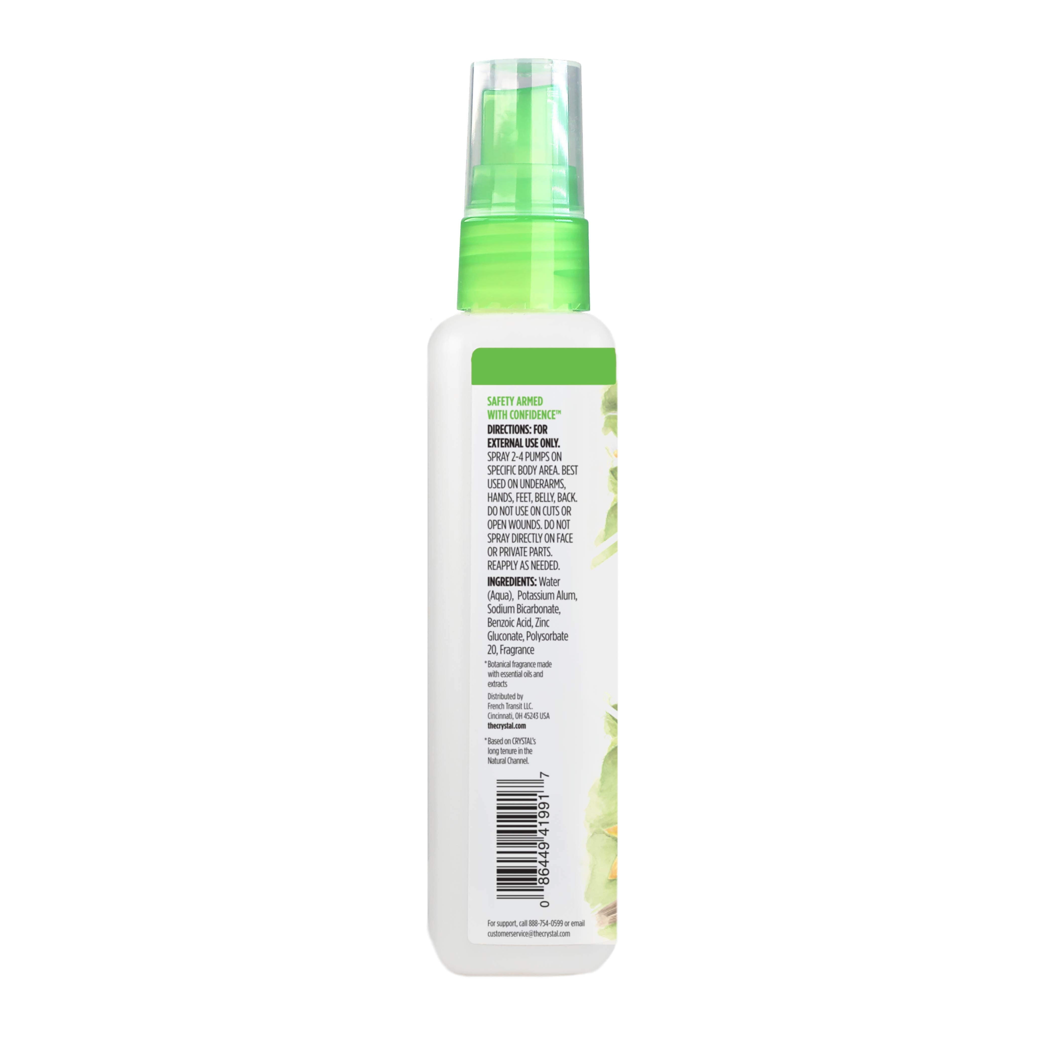 Spray bottle with green nozzle on a white background with ingredients listed.