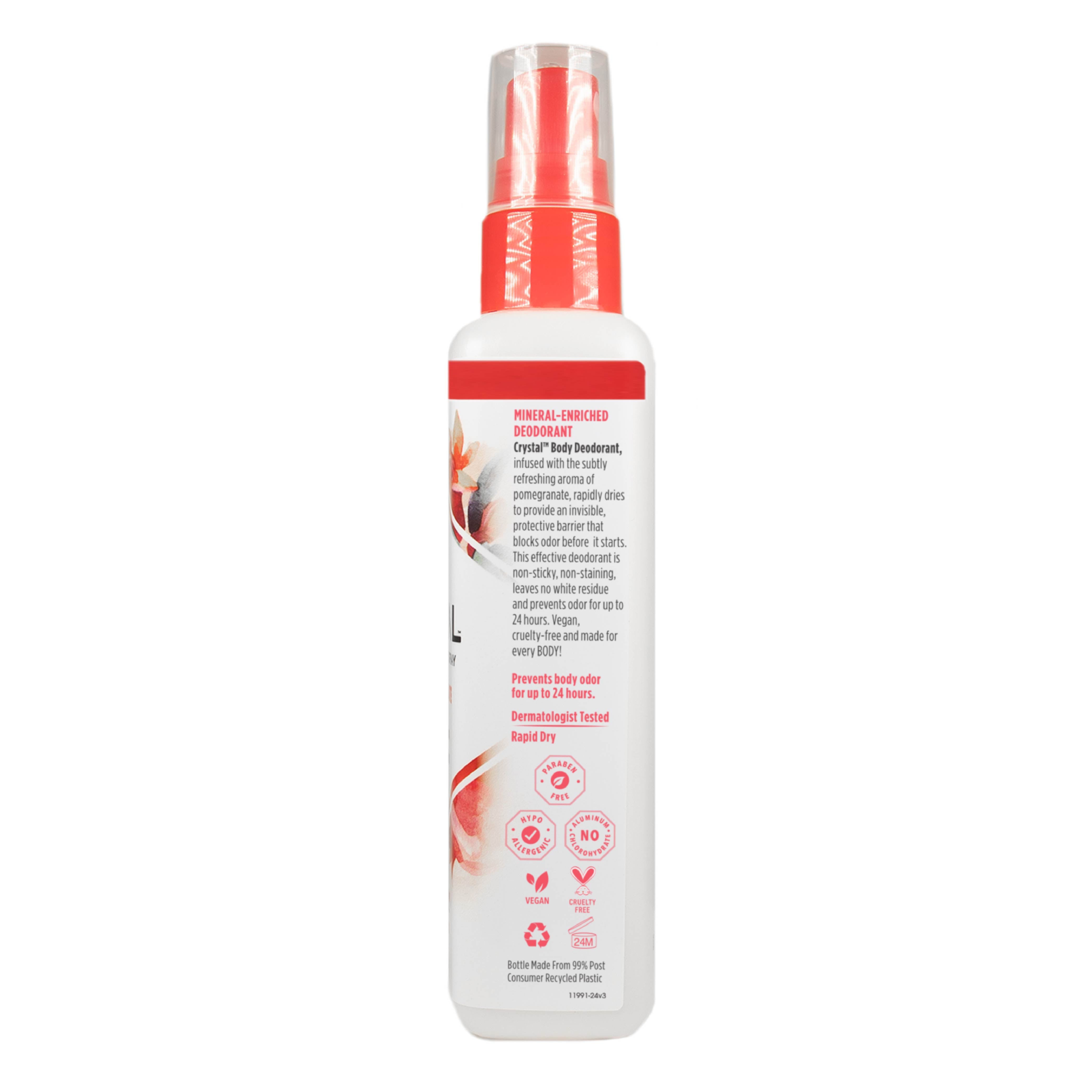 Deodorant spray bottle with red and white label on a white background