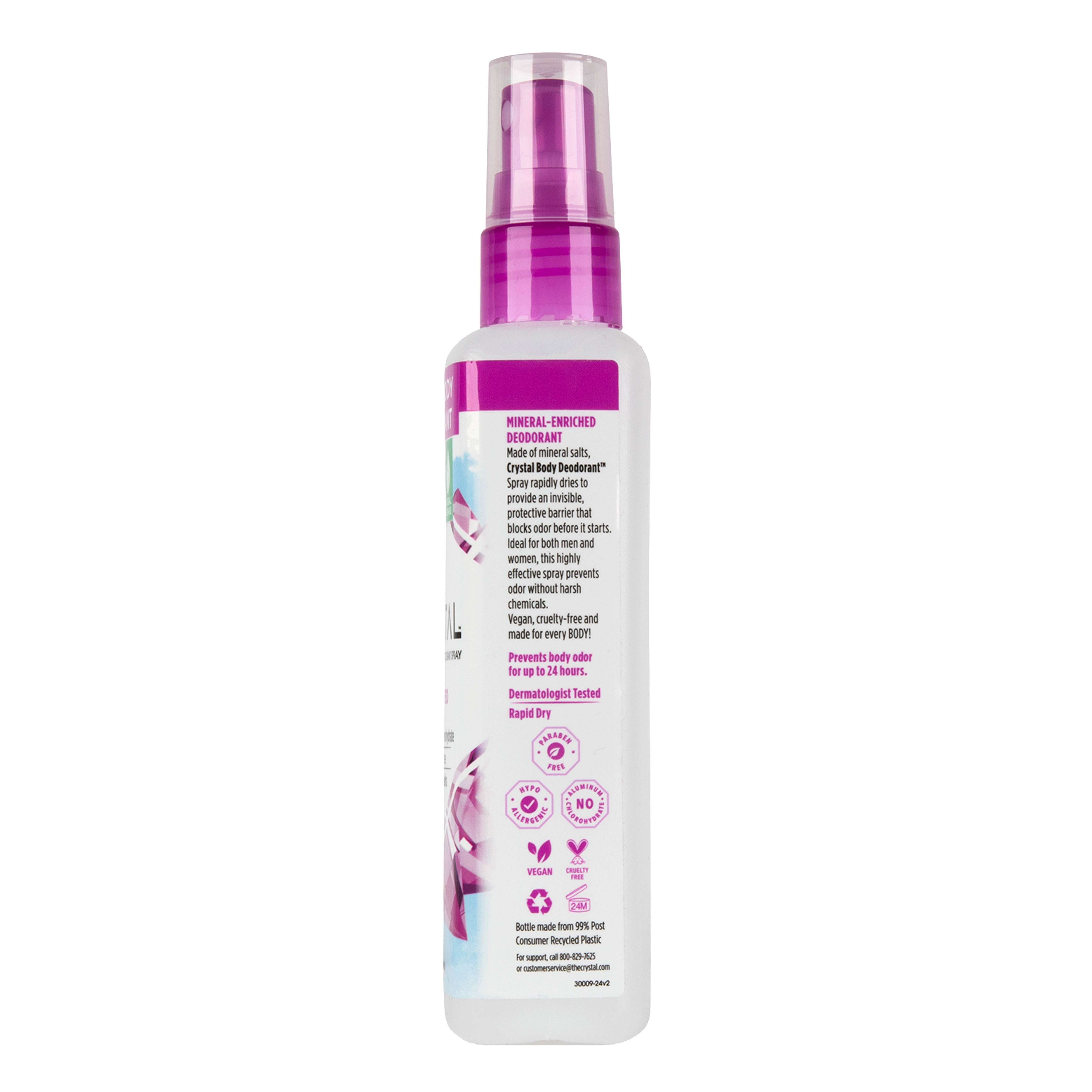 Deodorant spray bottle with pink cap and label on a white background