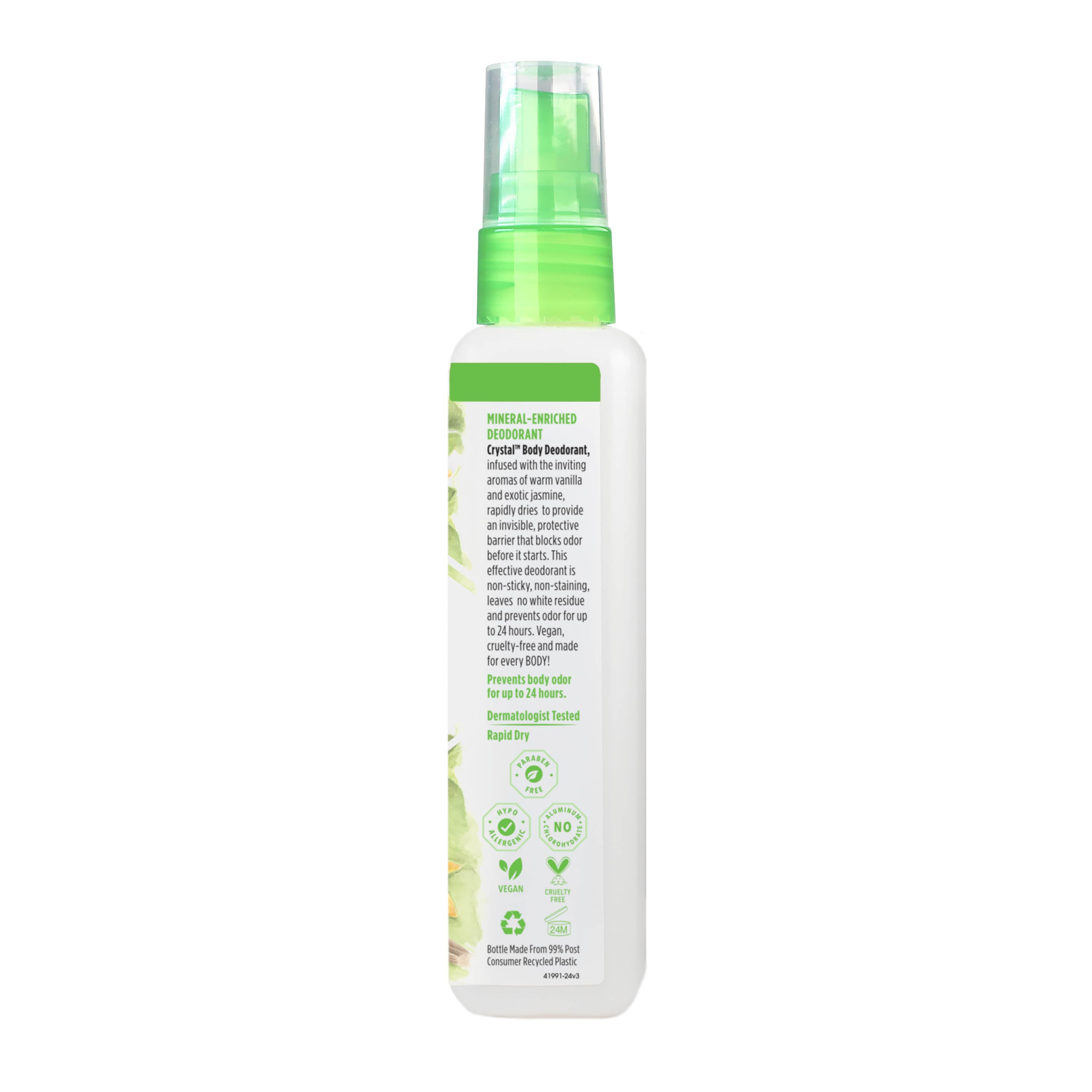 White spray bottle with green cap and label on a white background