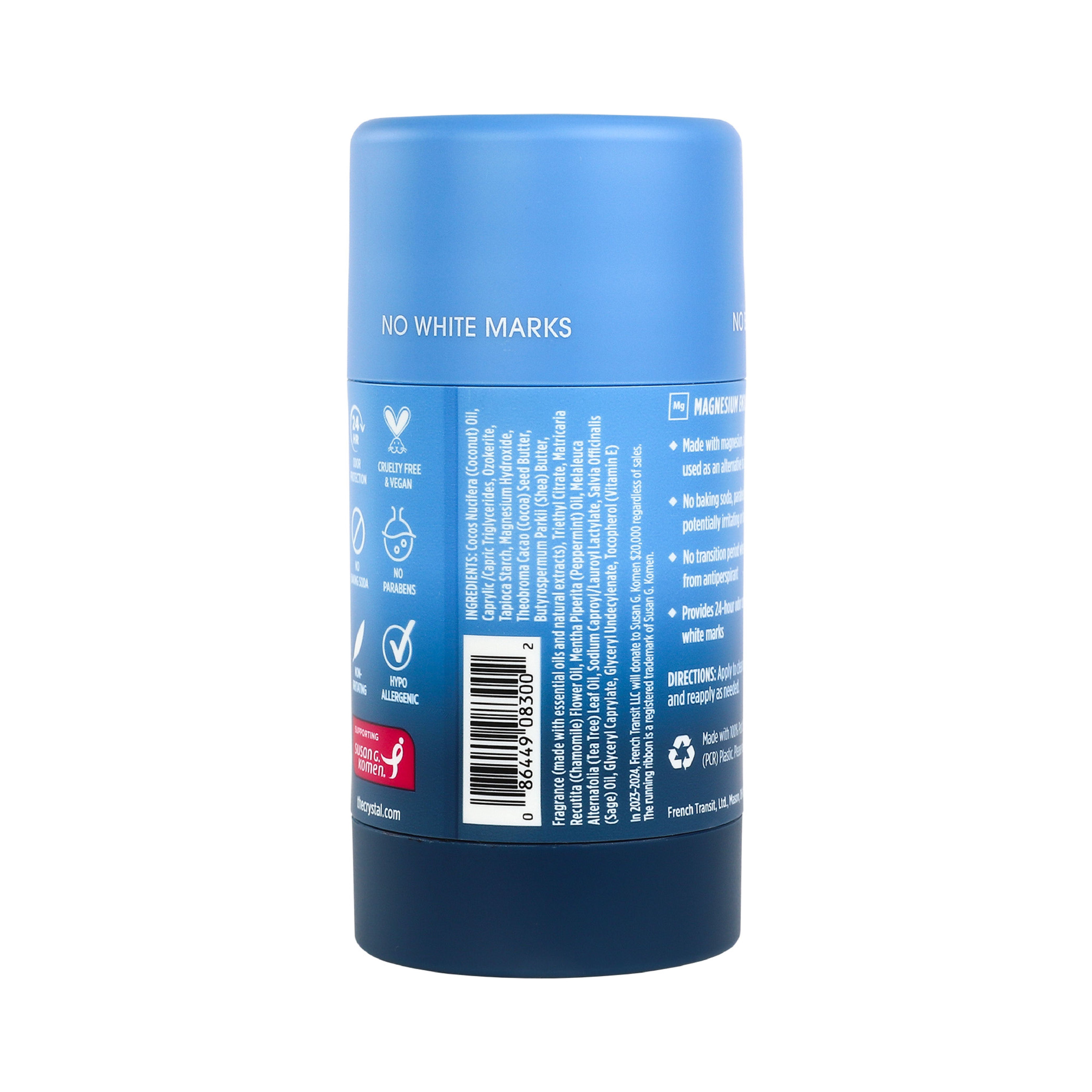 ingredient panel for Crystal Sea Salt and Sage Magnesium stick deodorant on white background.