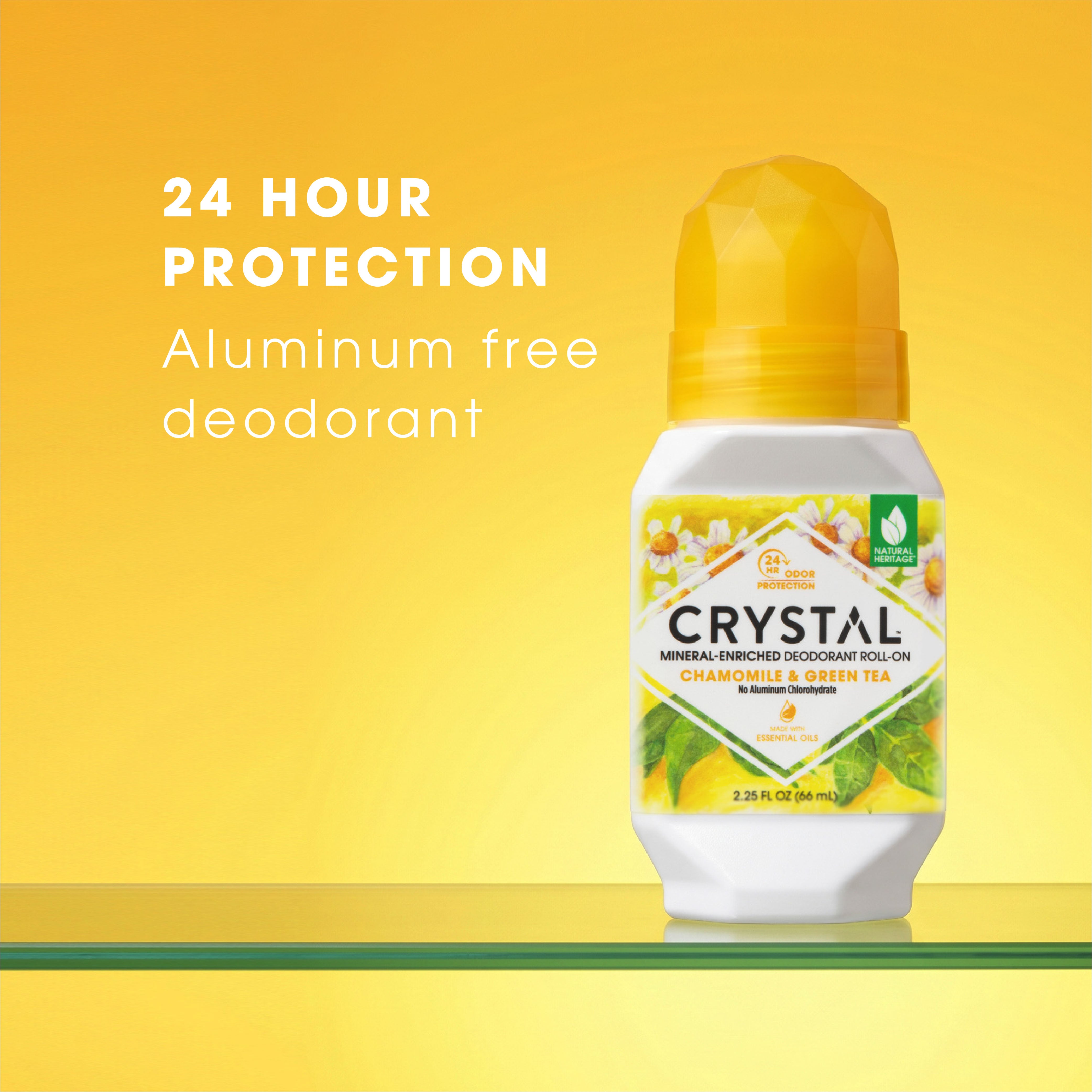 Crystal Aluminum Free Deodorant bottle on a yellow background with text about 24-hour protection.