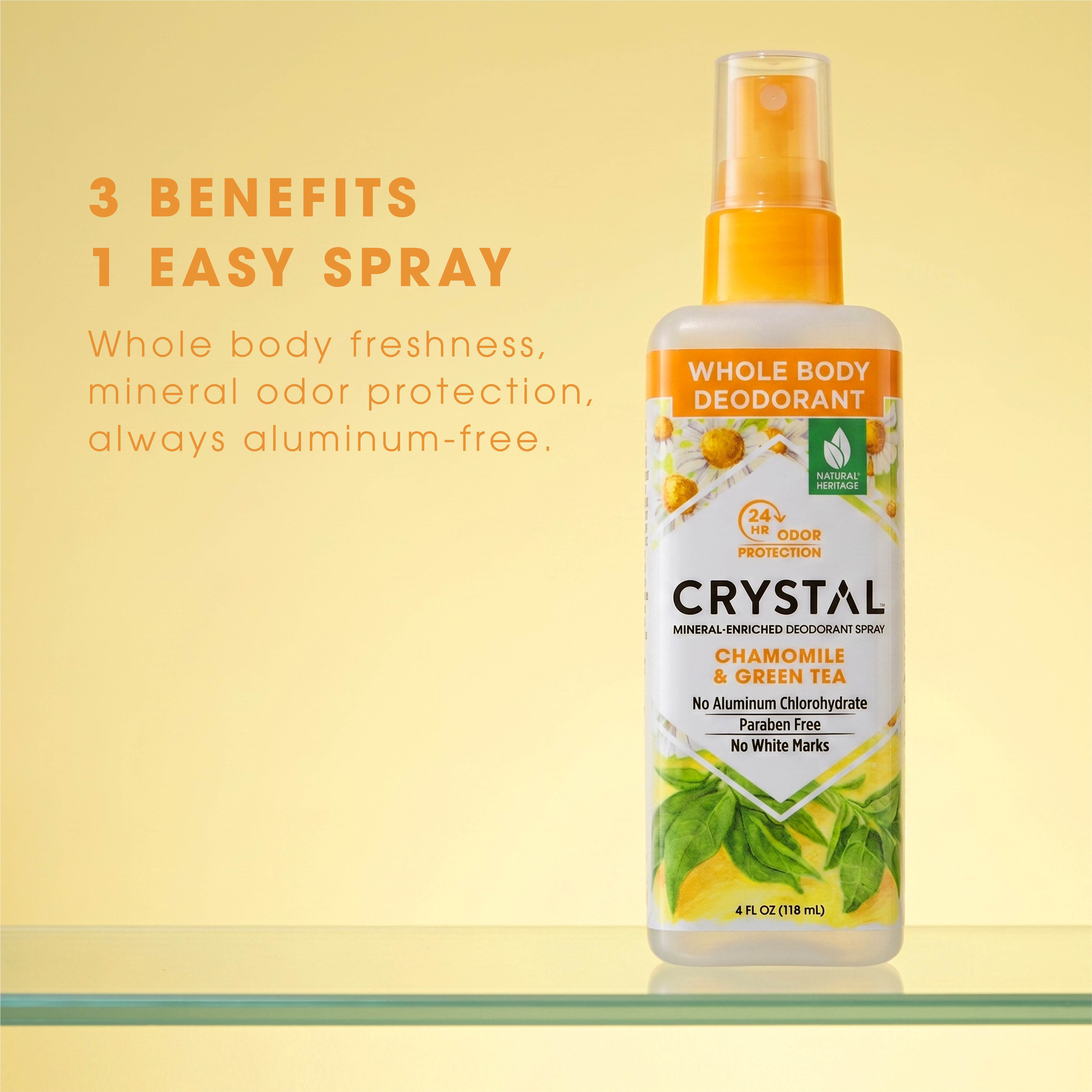 Crystal whole body deodorant spray bottle with benefits text on a yellow background