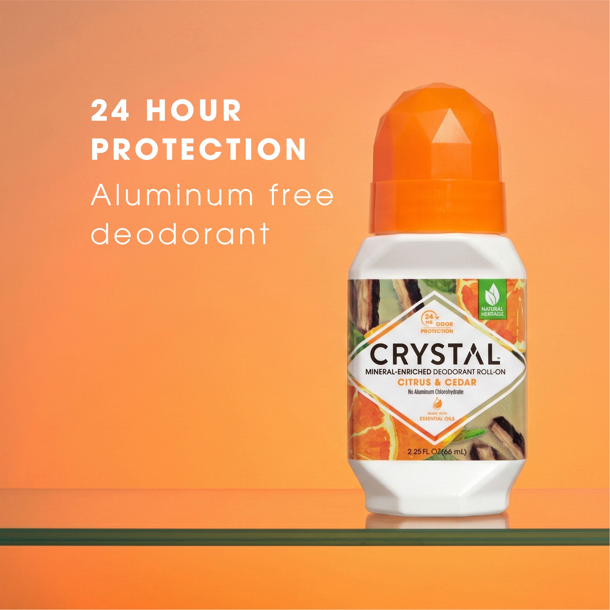 Crystal Aluminum Free Deodorant bottle on an orange background with text about 24-hour protection.