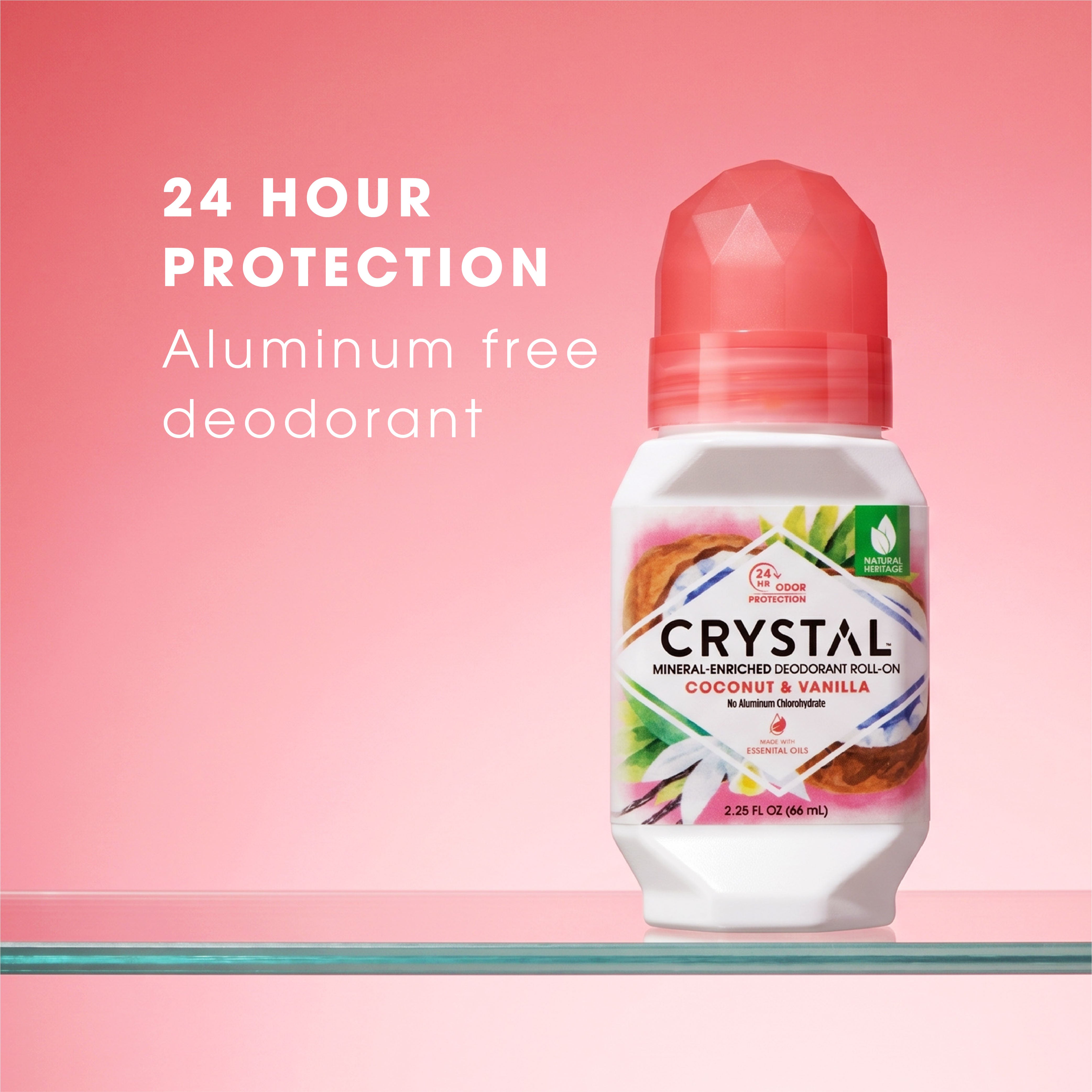 Crystal deodorant roll-on with coconut and vanilla scent on a pink background