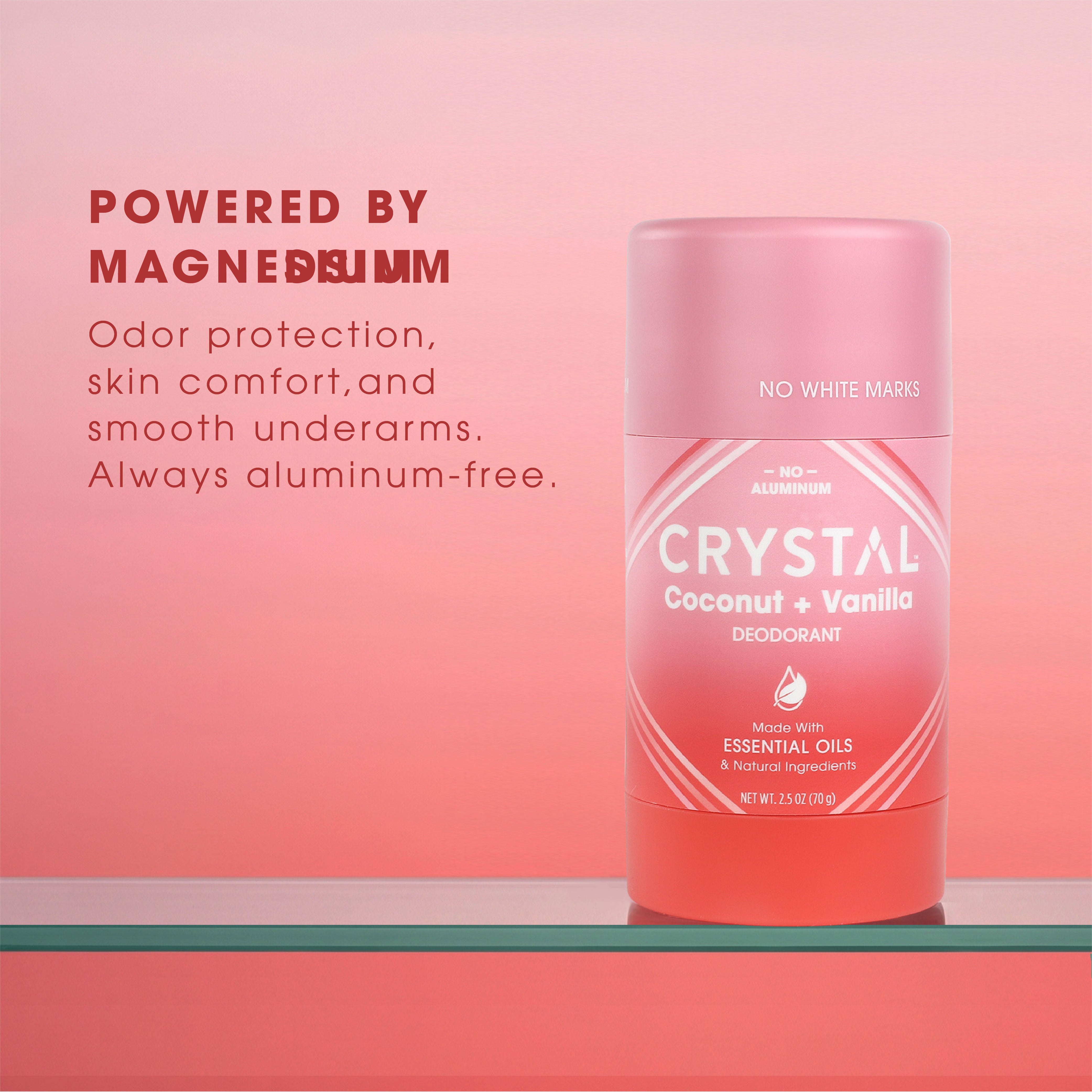 Benefits of Crystal Coconut Vanilla Magnesium stick deodorant on pink background.