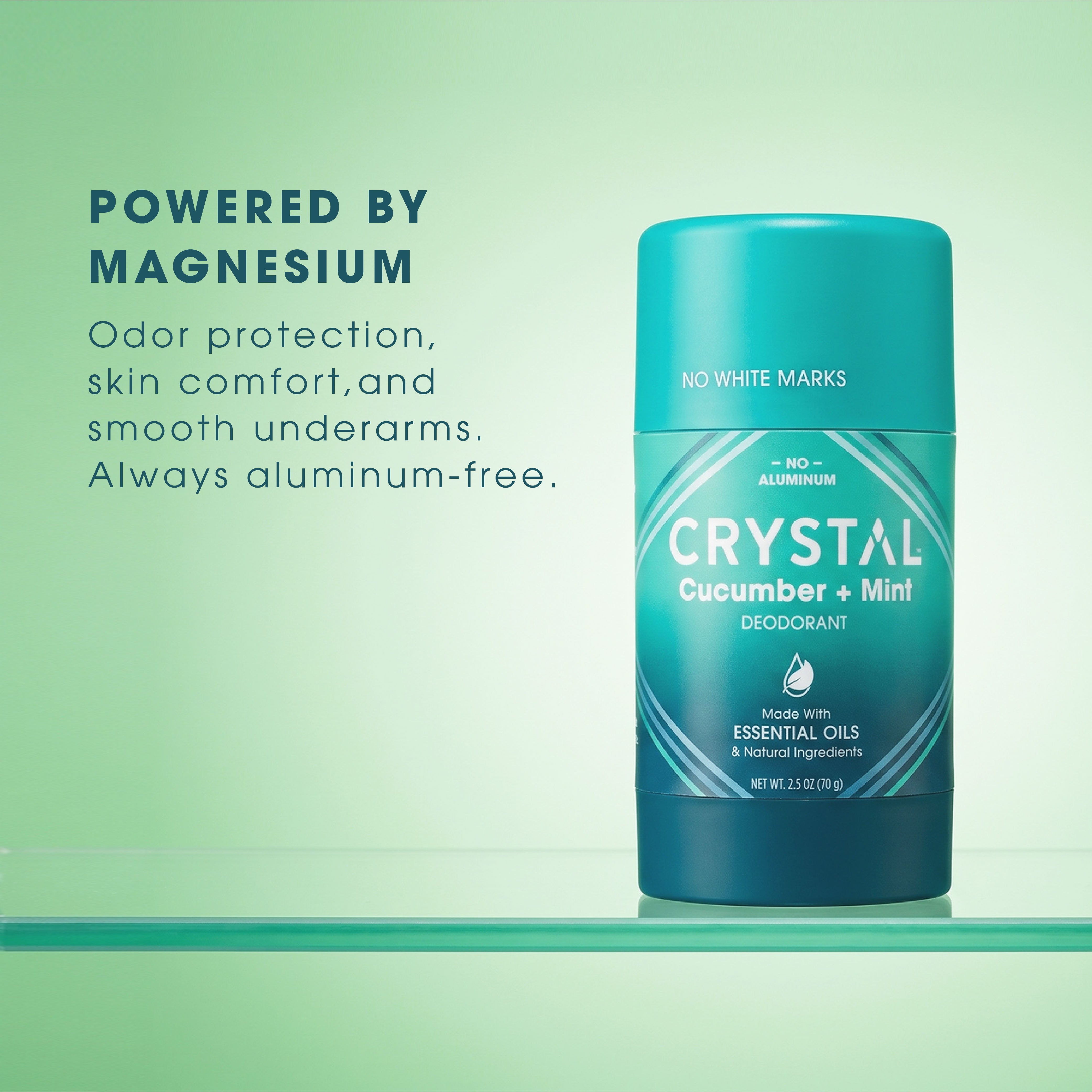 Crystal Cucumber + Mint deodorant stick on a green background with text about magnesium benefits.
