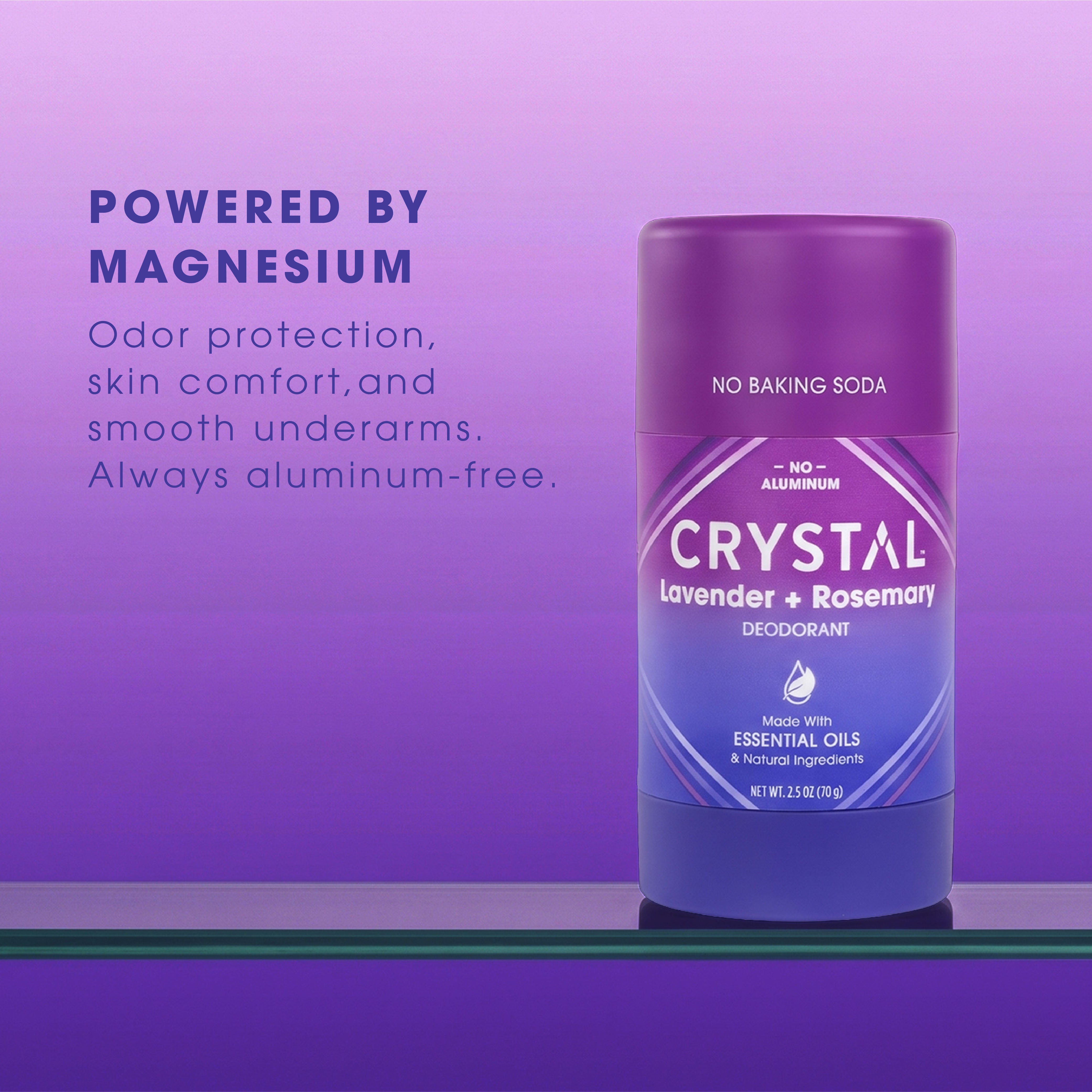 Ingredient benefits of Crystal Lavender and Rosemary Magnesium stick deodorant on lavender background.