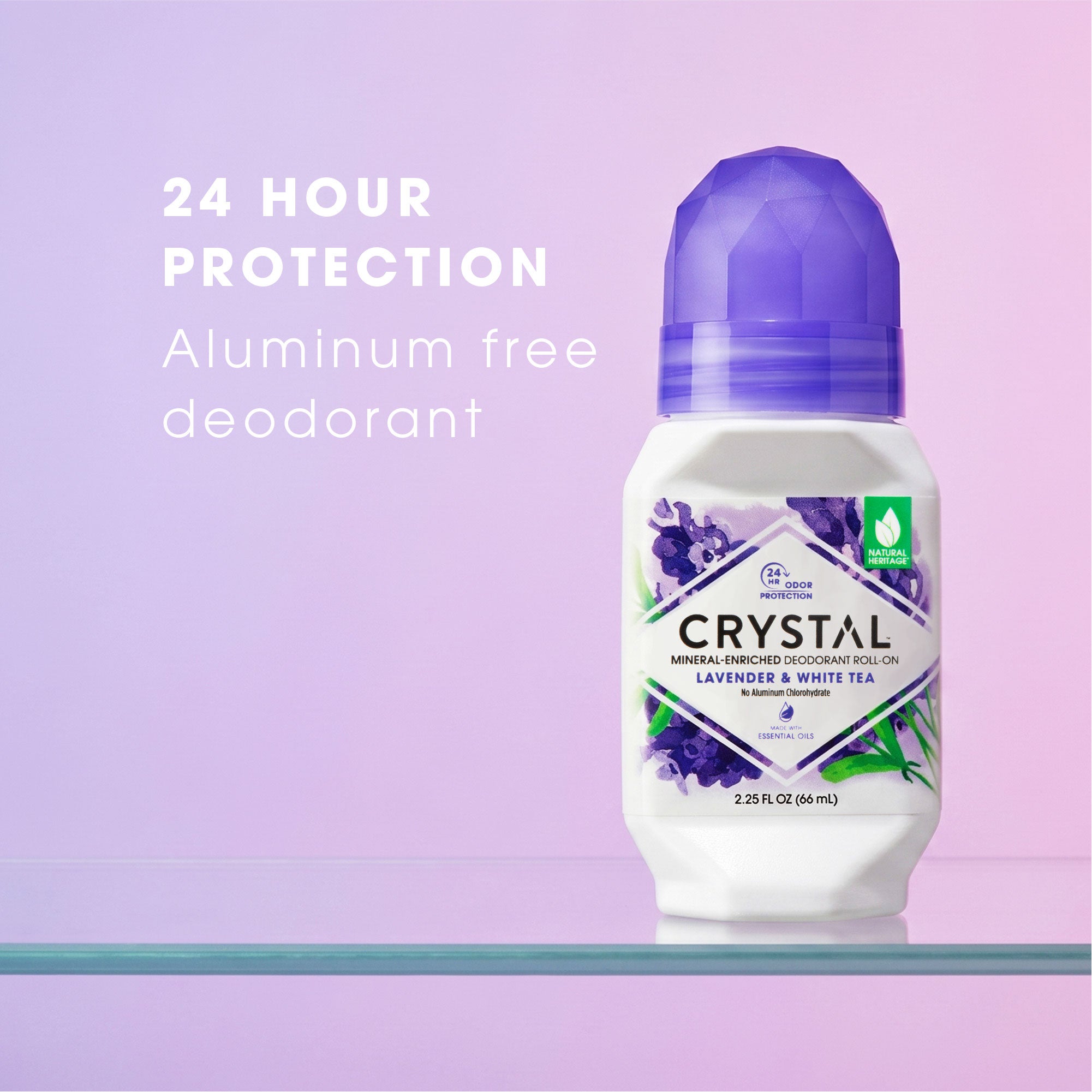 Crystal deodorant roll-on bottle with lavender and white tea scent on a purple background