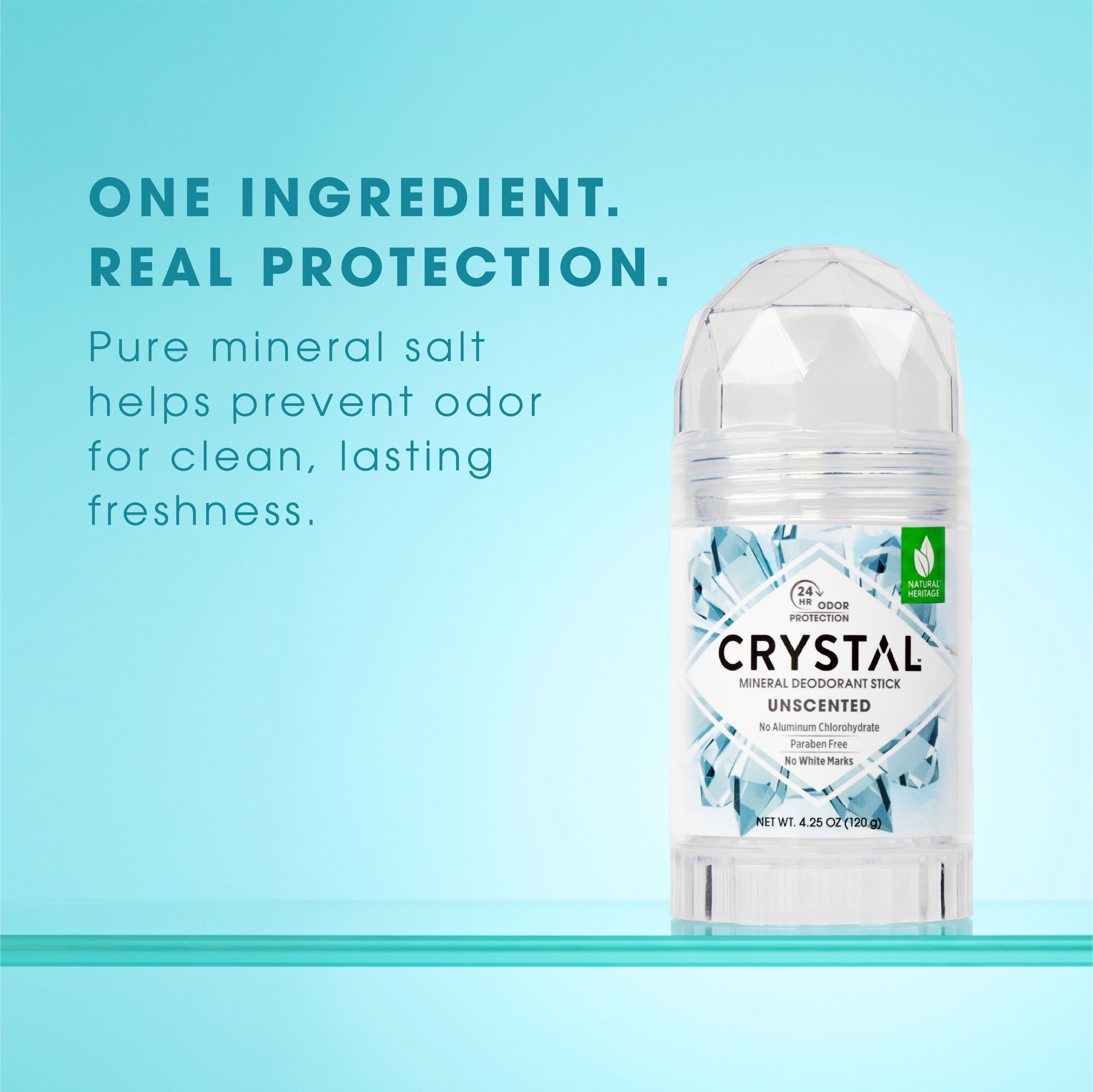 Crystal Mineral Stick callout for one ingredient being pure mineral salt on light blue background.