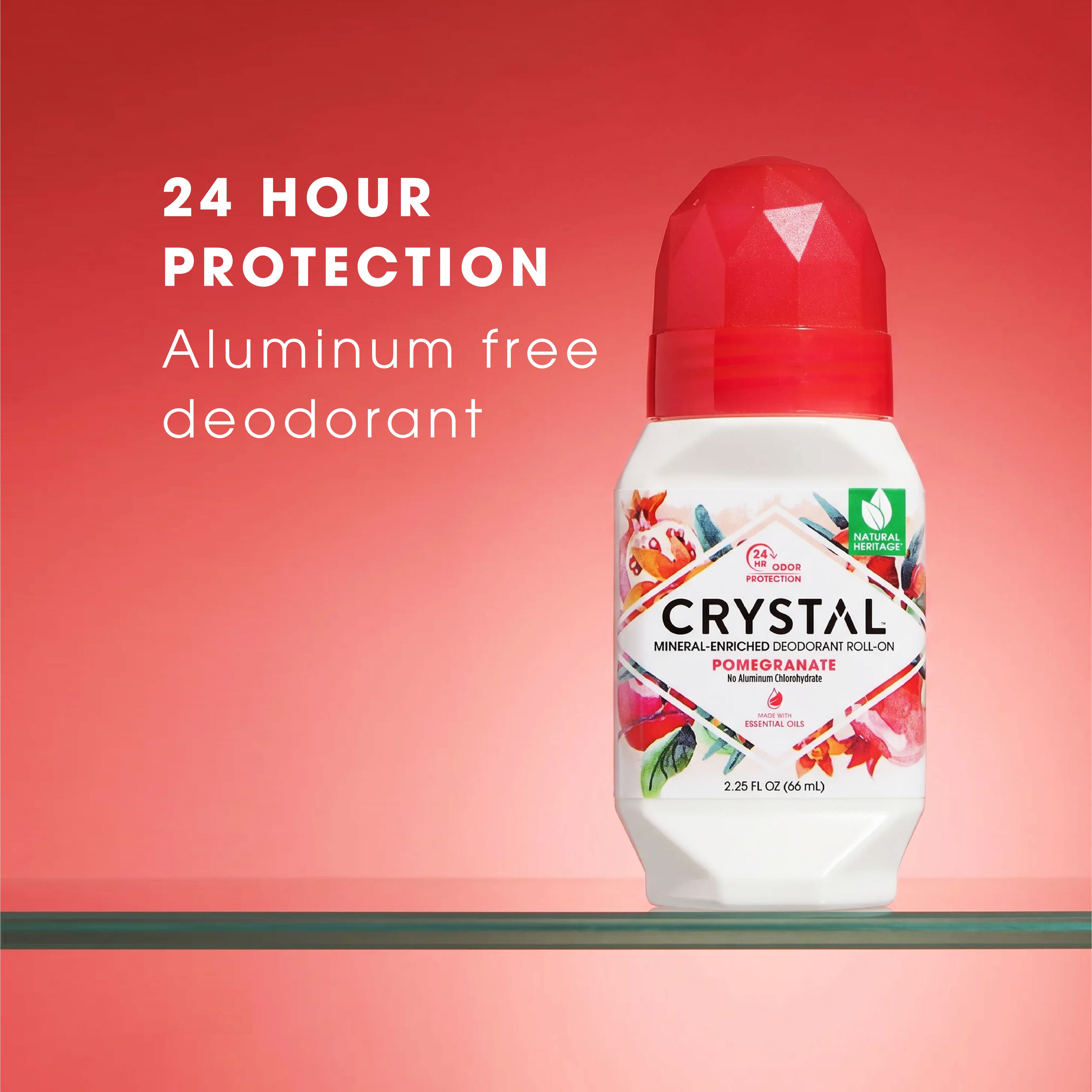 Crystal deodorant roll-on with red cap on a pink background stating 24 hour protection and aluminum free.