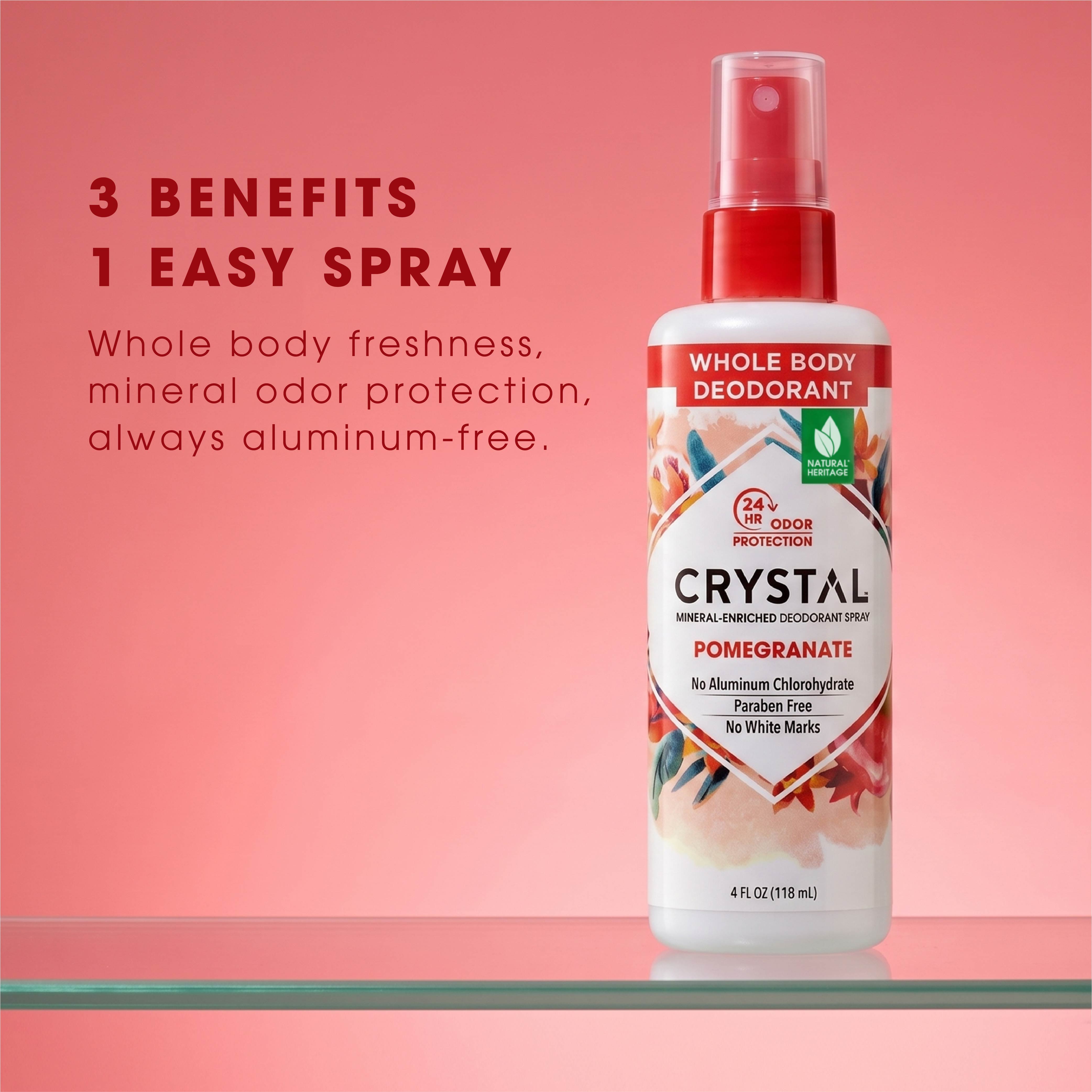 Crystal Whole Body Deodorant spray bottle on a pink background with text highlighting benefits.