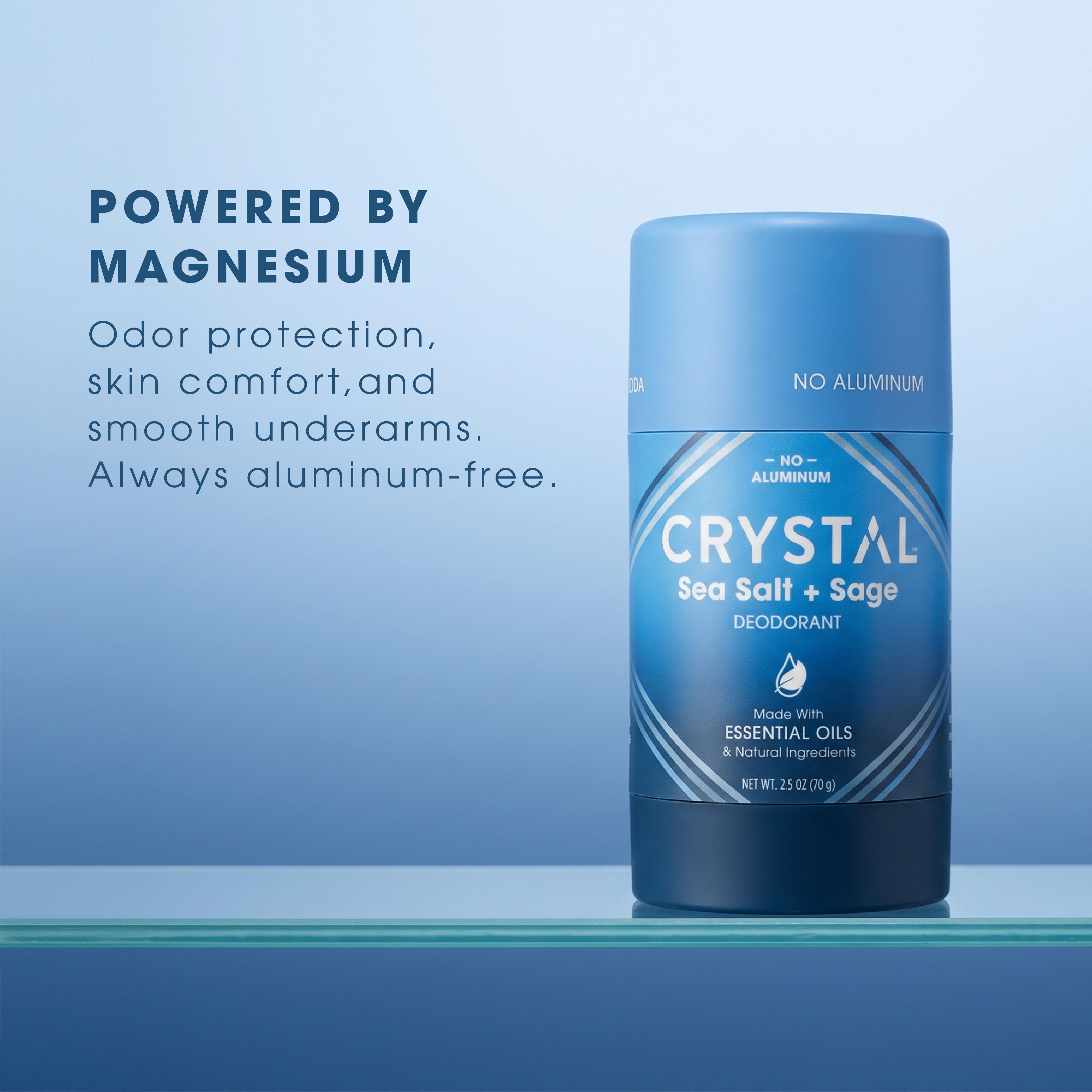 Benefit call out for Crystal Sea Salt and Sage Magnesium stick deodorant on blue background.