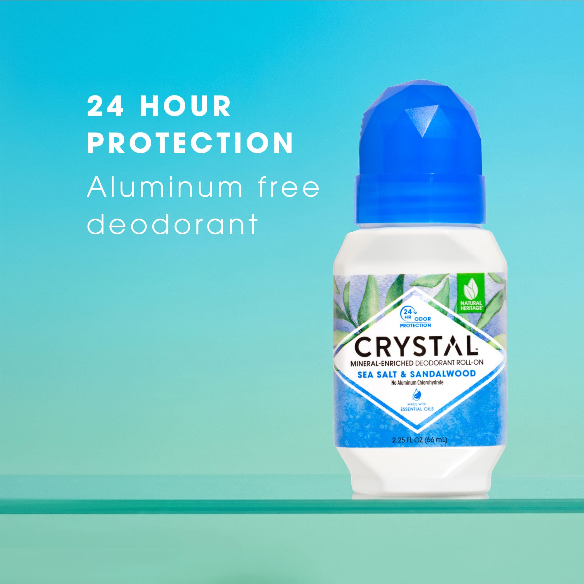 Crystal deodorant roll-on with blue cap on a gradient blue background showing 24 Hour protection.