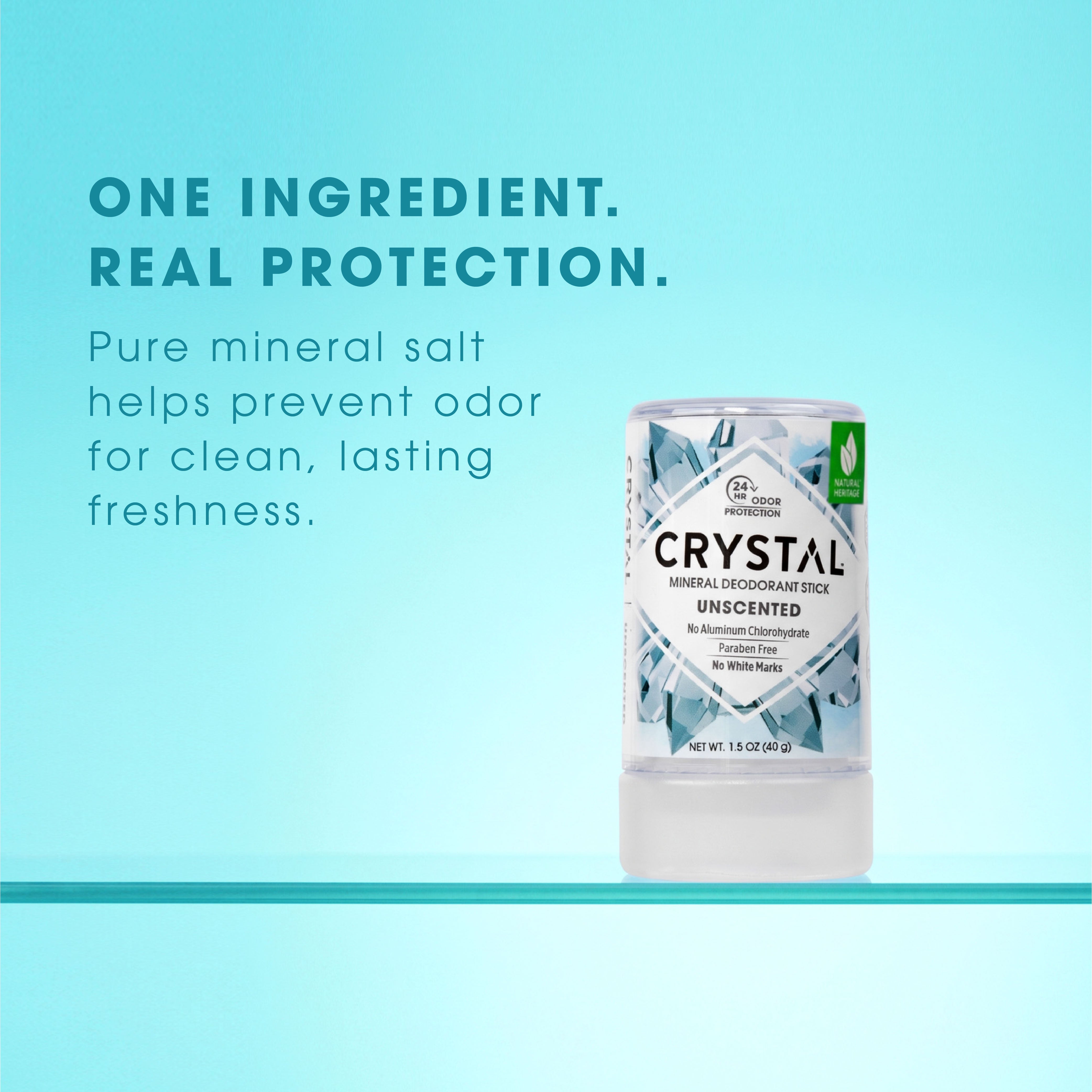 Crystal Mineral Travel Stick one ingredient call out on light blue background.