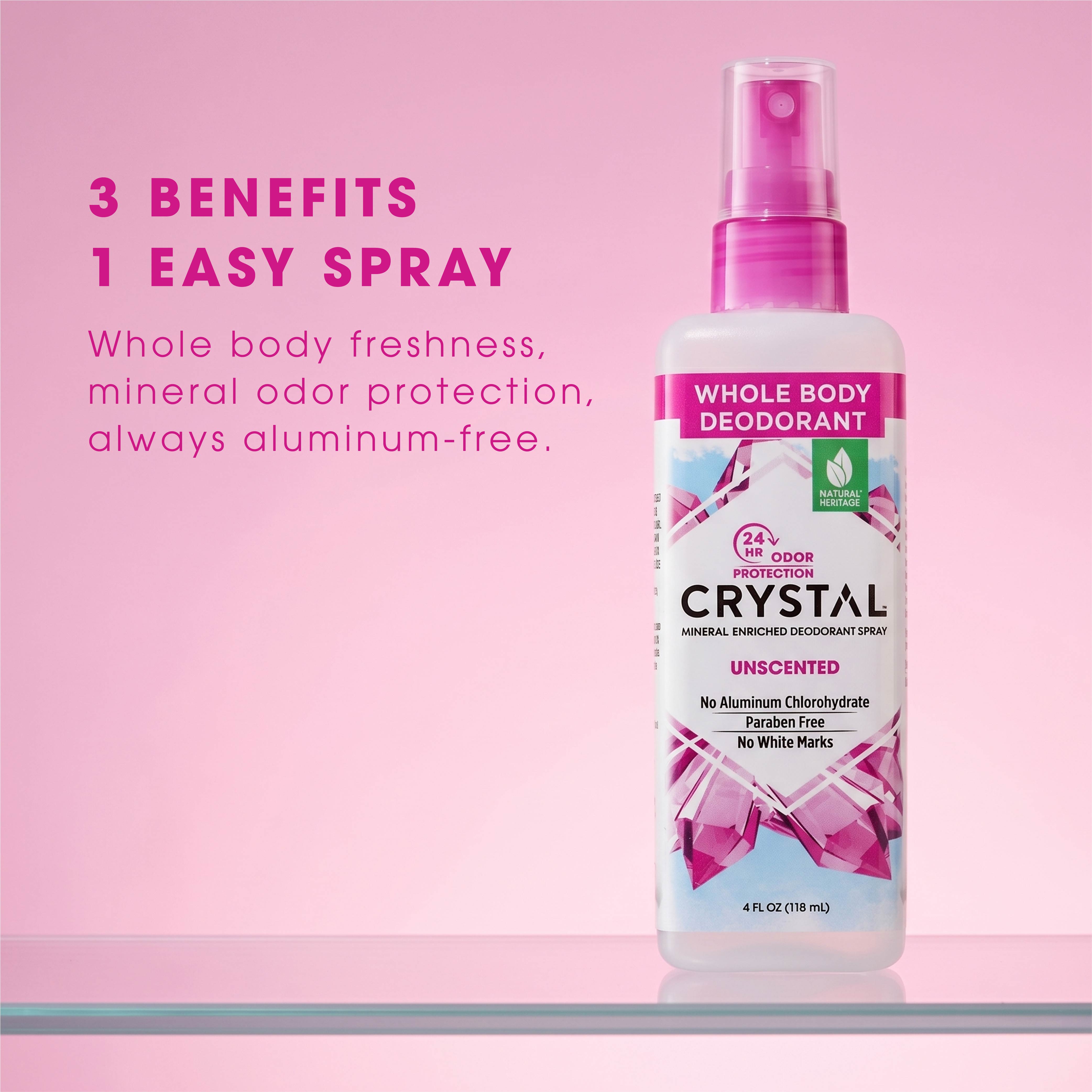 Crystal whole body deodorant spray bottle on a pink background with text highlighting benefits.