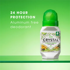 Crystal Aluminum Free Deodorant bottle on a green background with text about 24-hour protection.