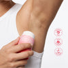 Person applying Crystal deodorant stick to armpit with product details on a white background