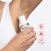 Person applying Crystal Deodorant Roll-on to their armpit with product packaging and features displayed.
