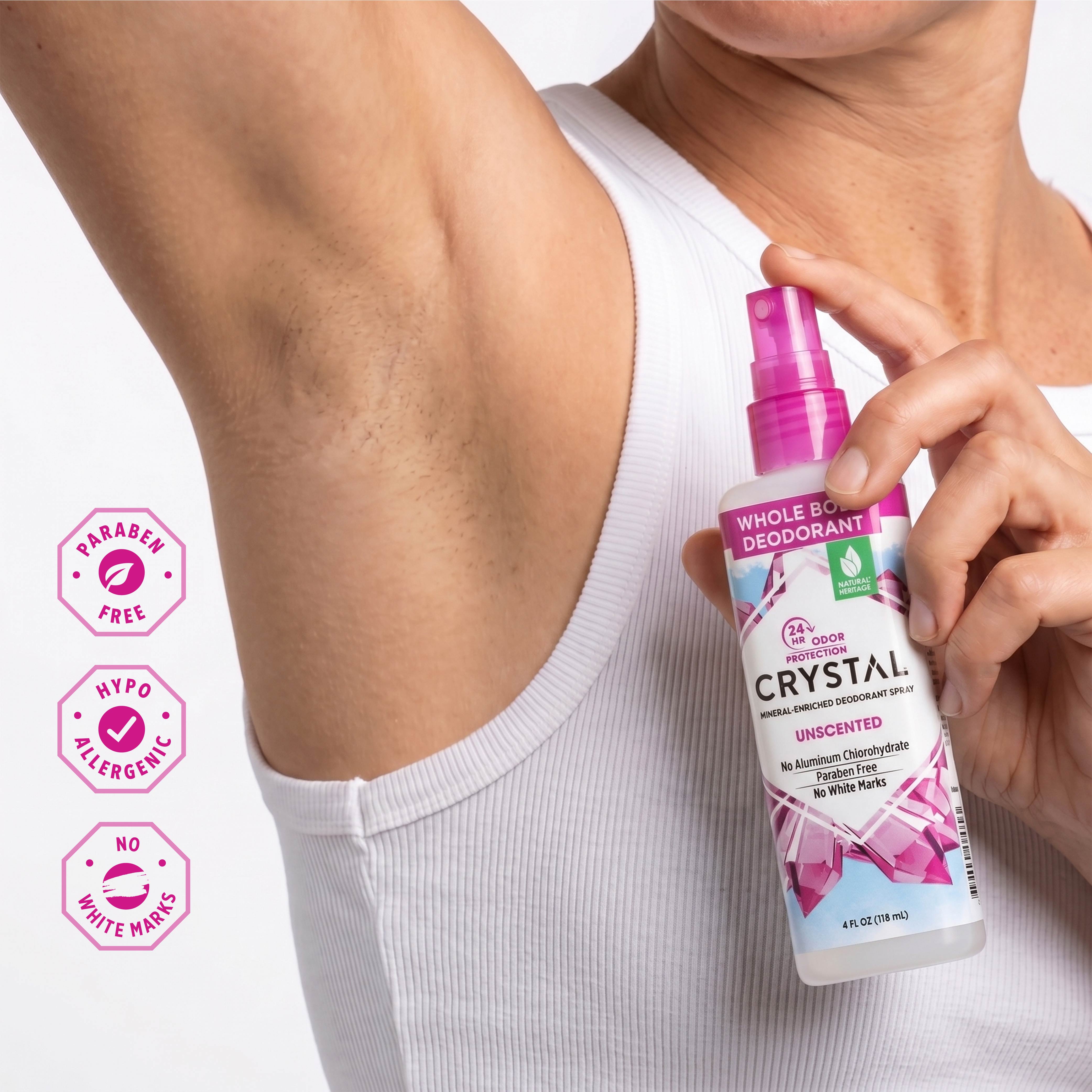 Person holding a bottle of Crystal Whole Body Deodorant with product details on a white background
